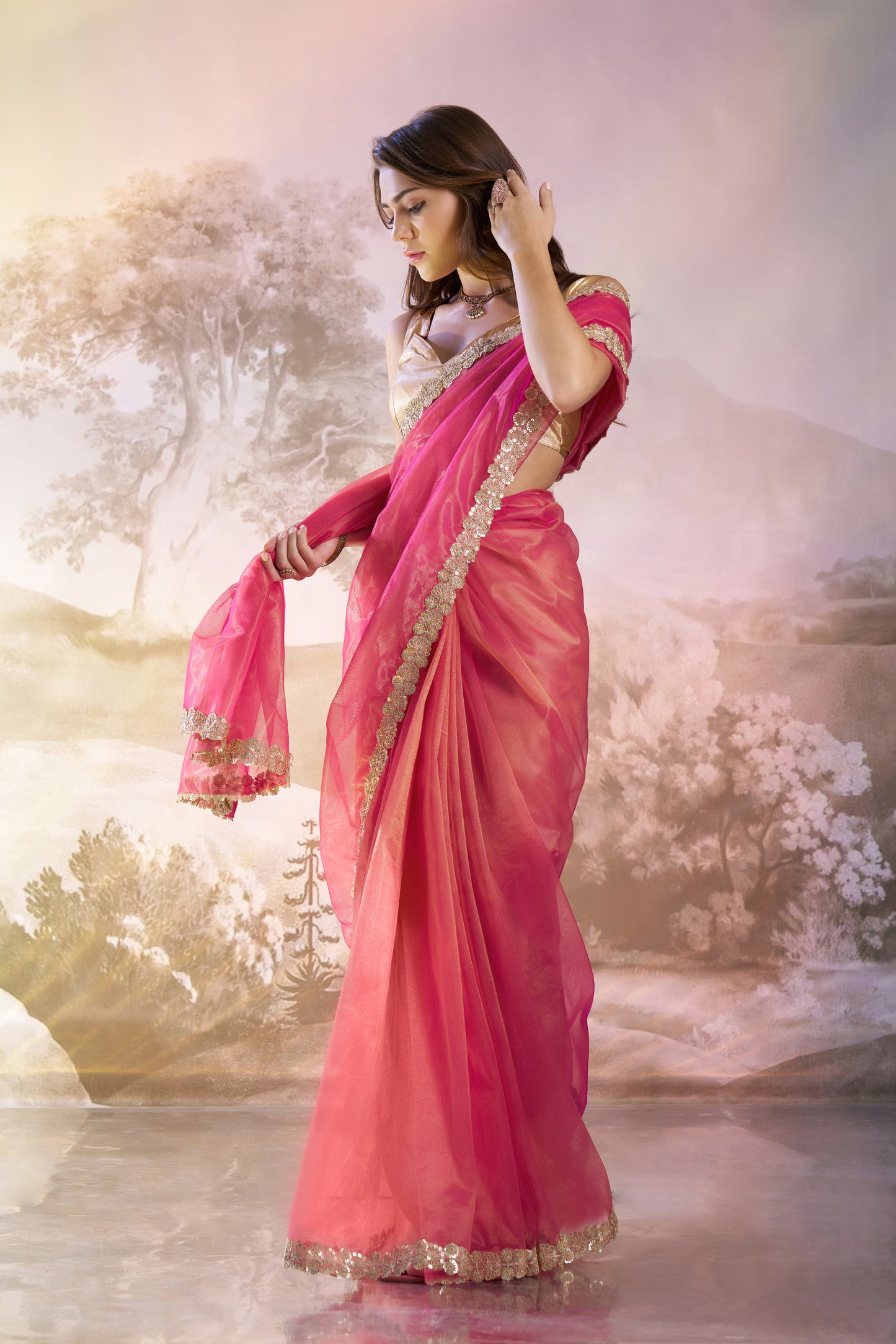 Red Color Twill Net with Designer Lace Party Wear Saree
