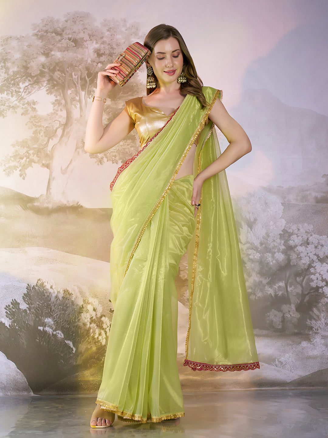 Lime yellow Color twill net saree with designer lace and unstitched blouse