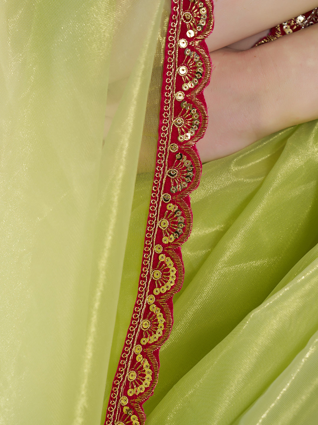 Lime yellow Color twill net saree with designer lace and unstitched blouse