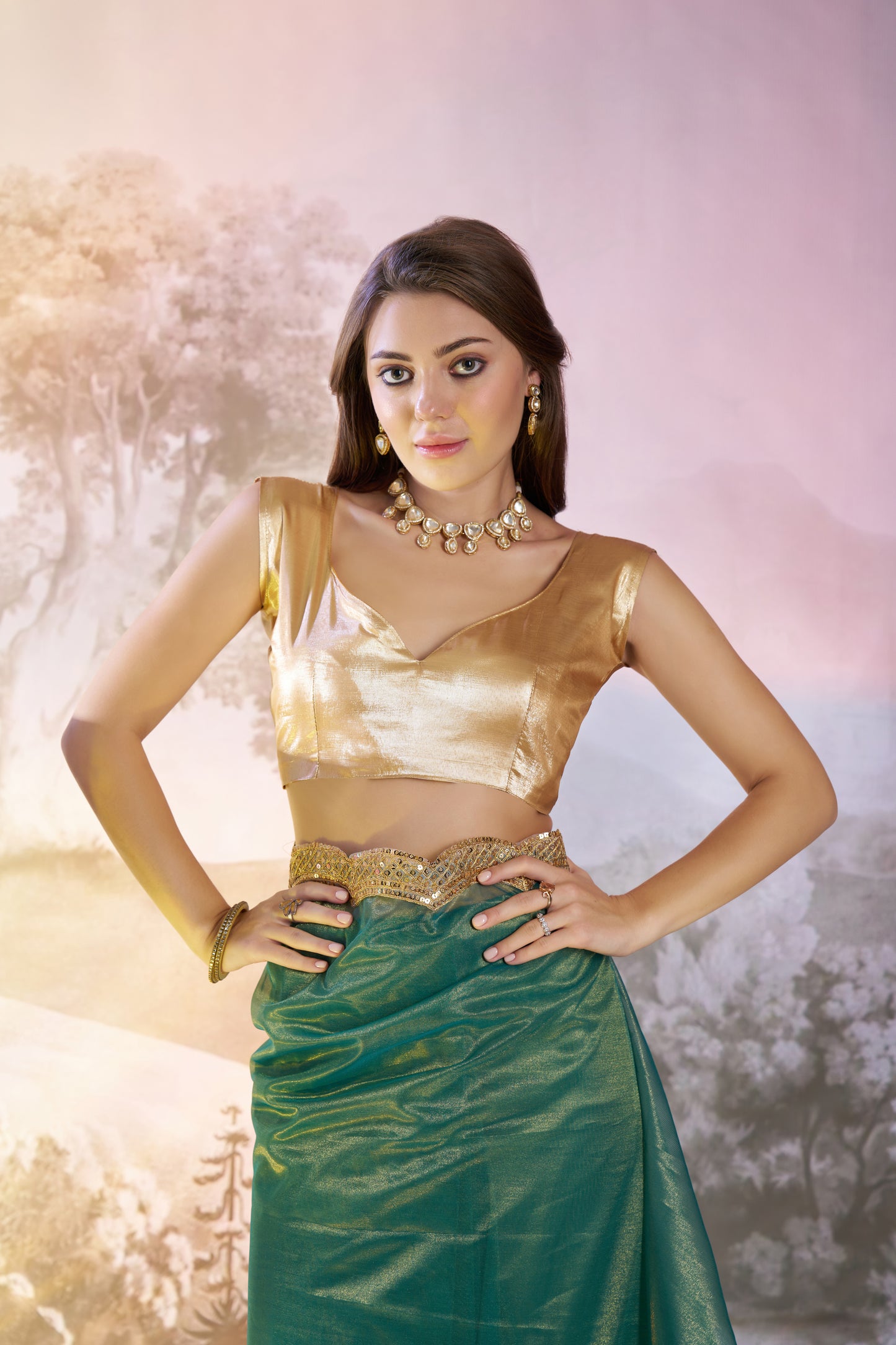 Sea green Color twill net saree with designer lace and unstitched blouse