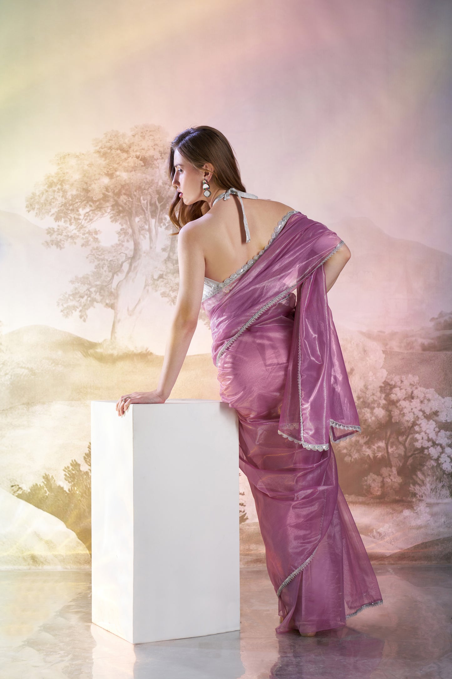 Lavender Color twill net saree with designer lace and unstitched blouse