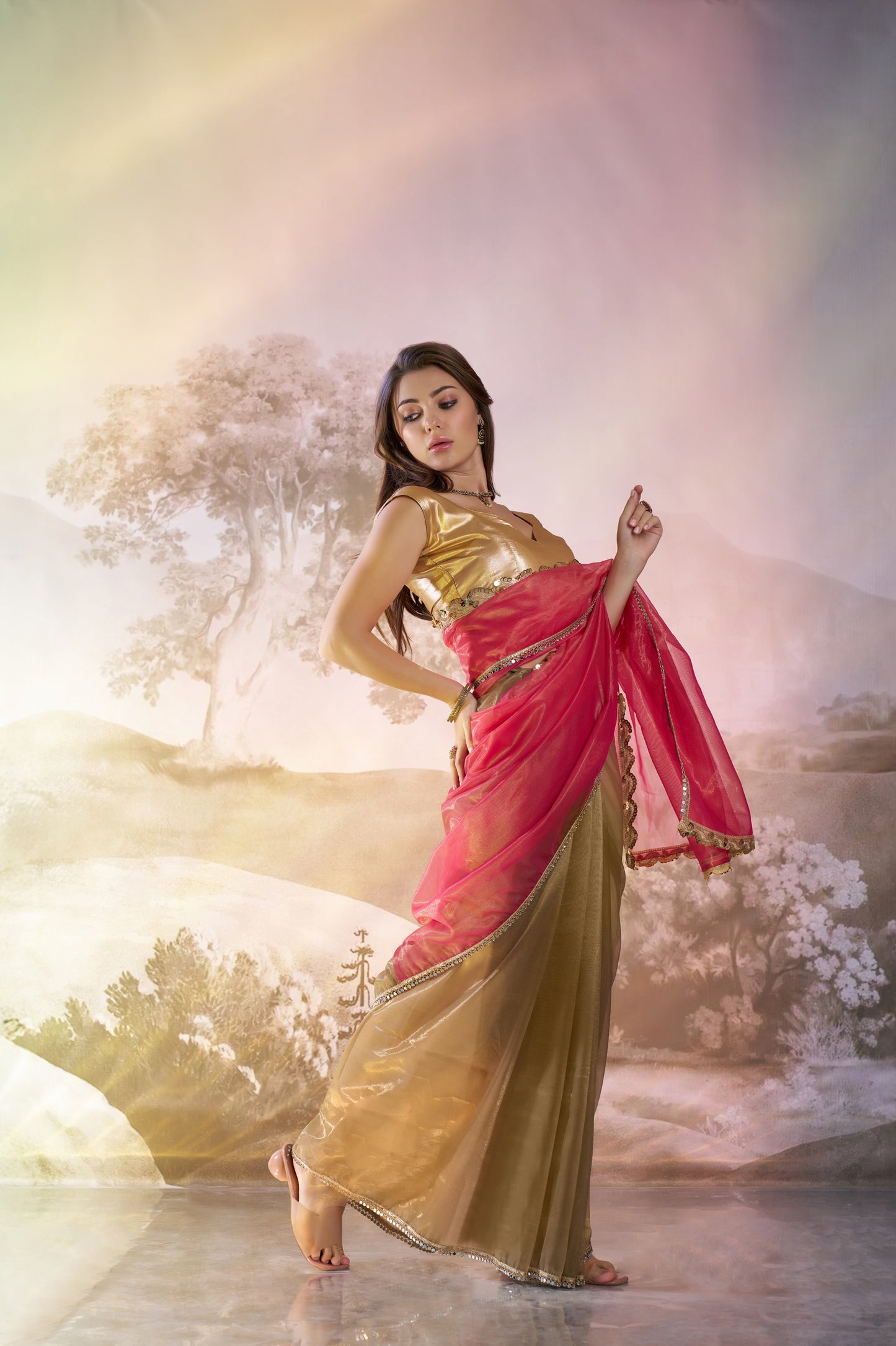 Pink Color twill net saree with designer lace and unstitched blouse
