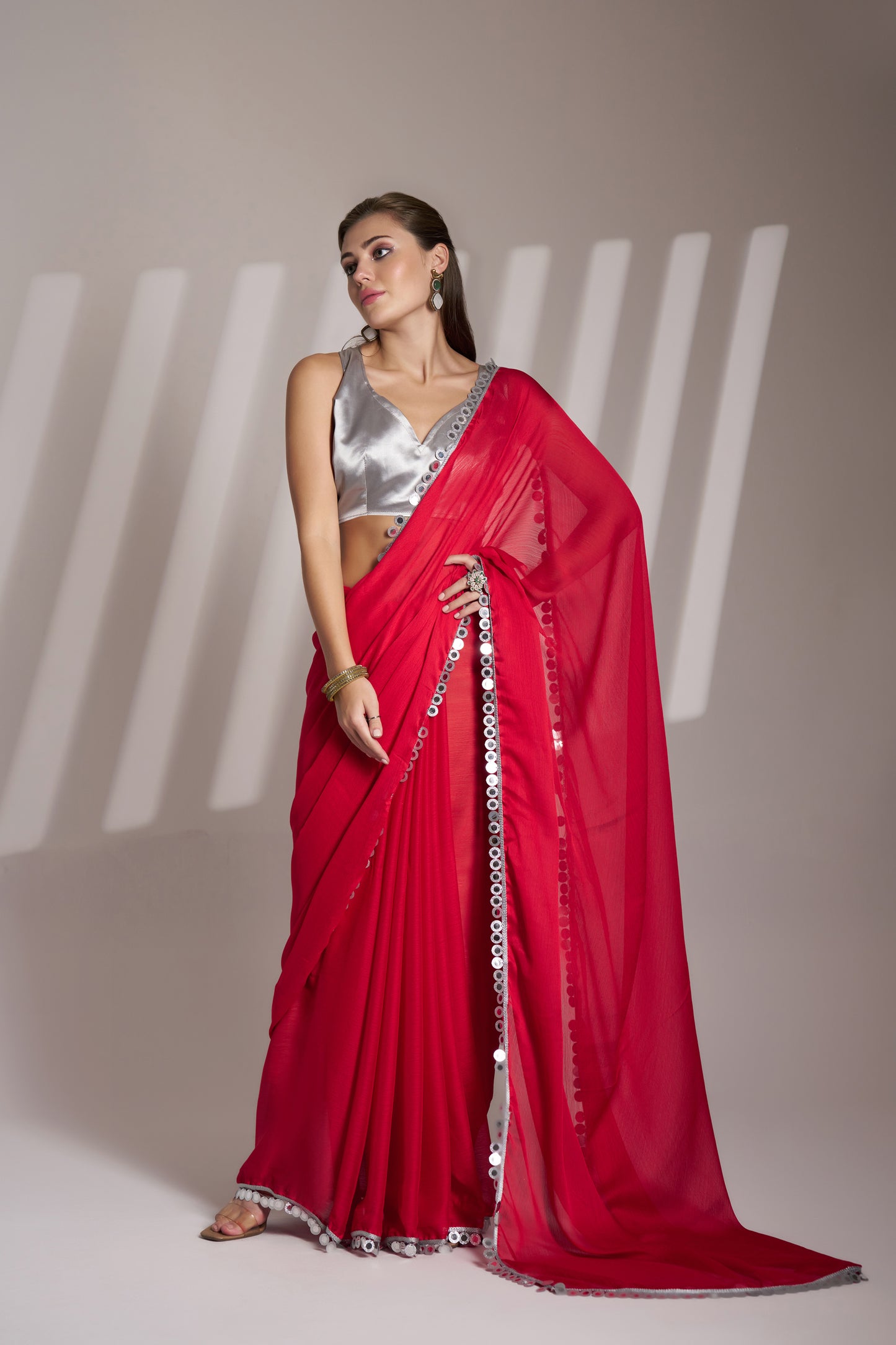 Red Color Satin Rangoli Saree with Fancy Lace & Unstitched Blouse