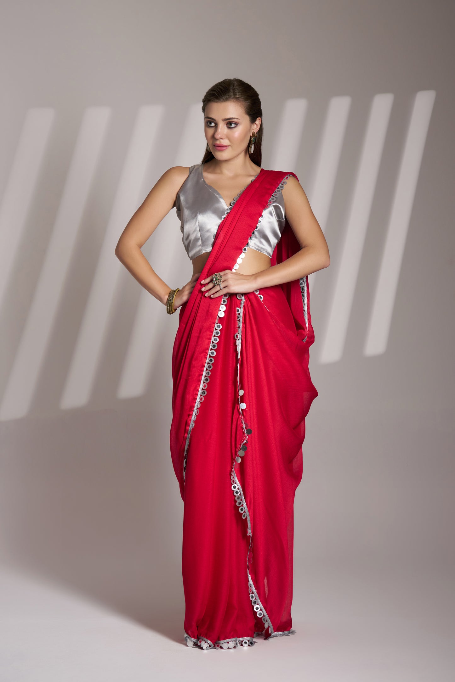 Red Color Satin Rangoli Saree with Fancy Lace & Unstitched Blouse