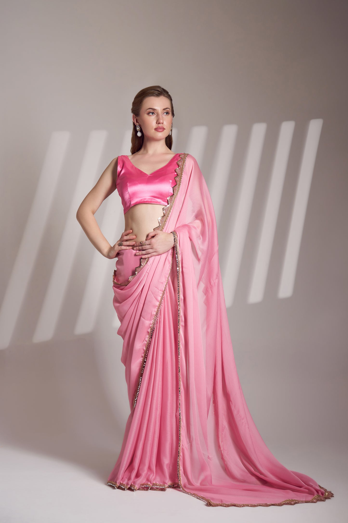 Pink Chiffon Saree with Designer Lace for Party Wear