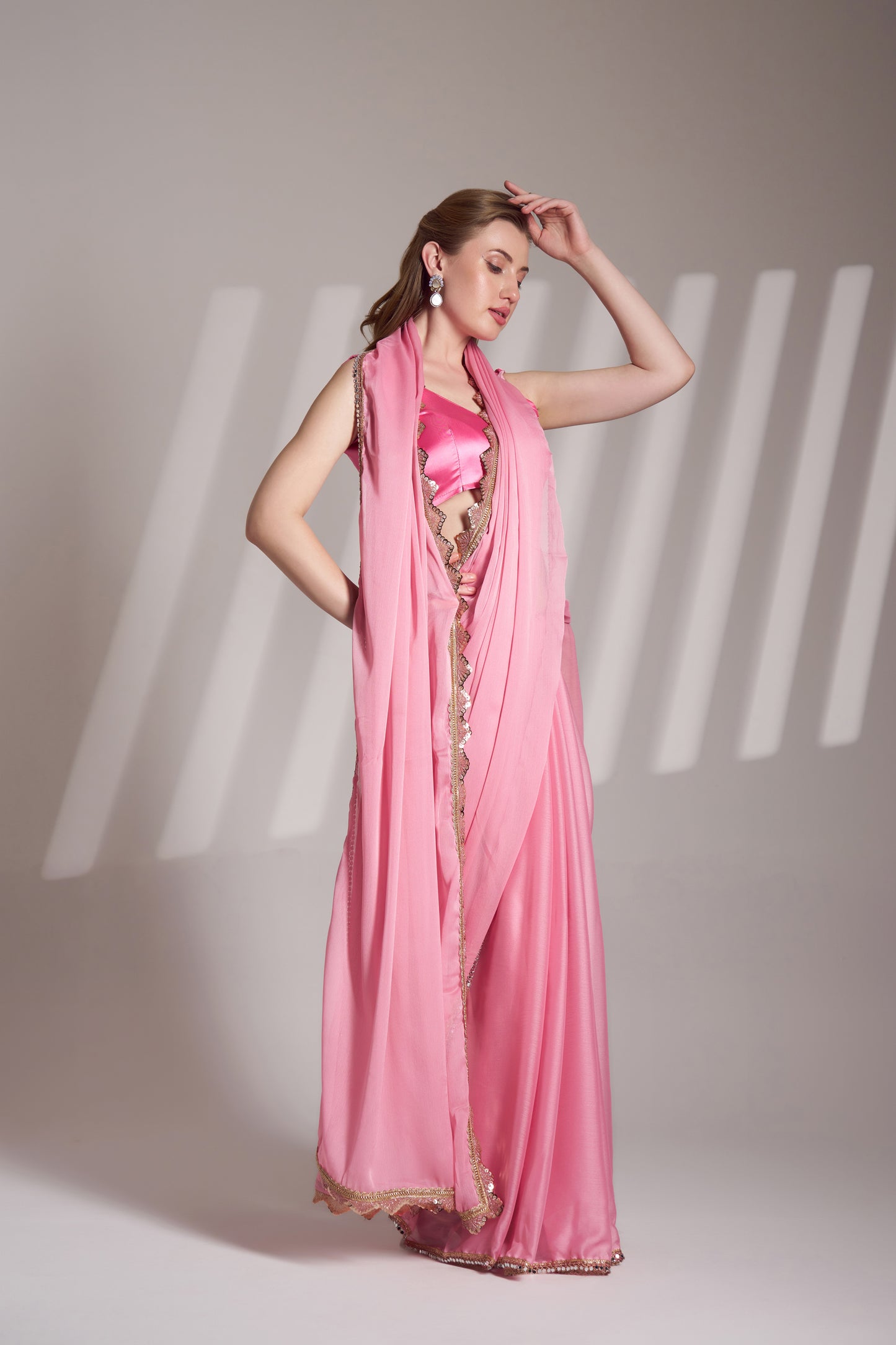 Pink Chiffon Saree with Designer Lace for Party Wear