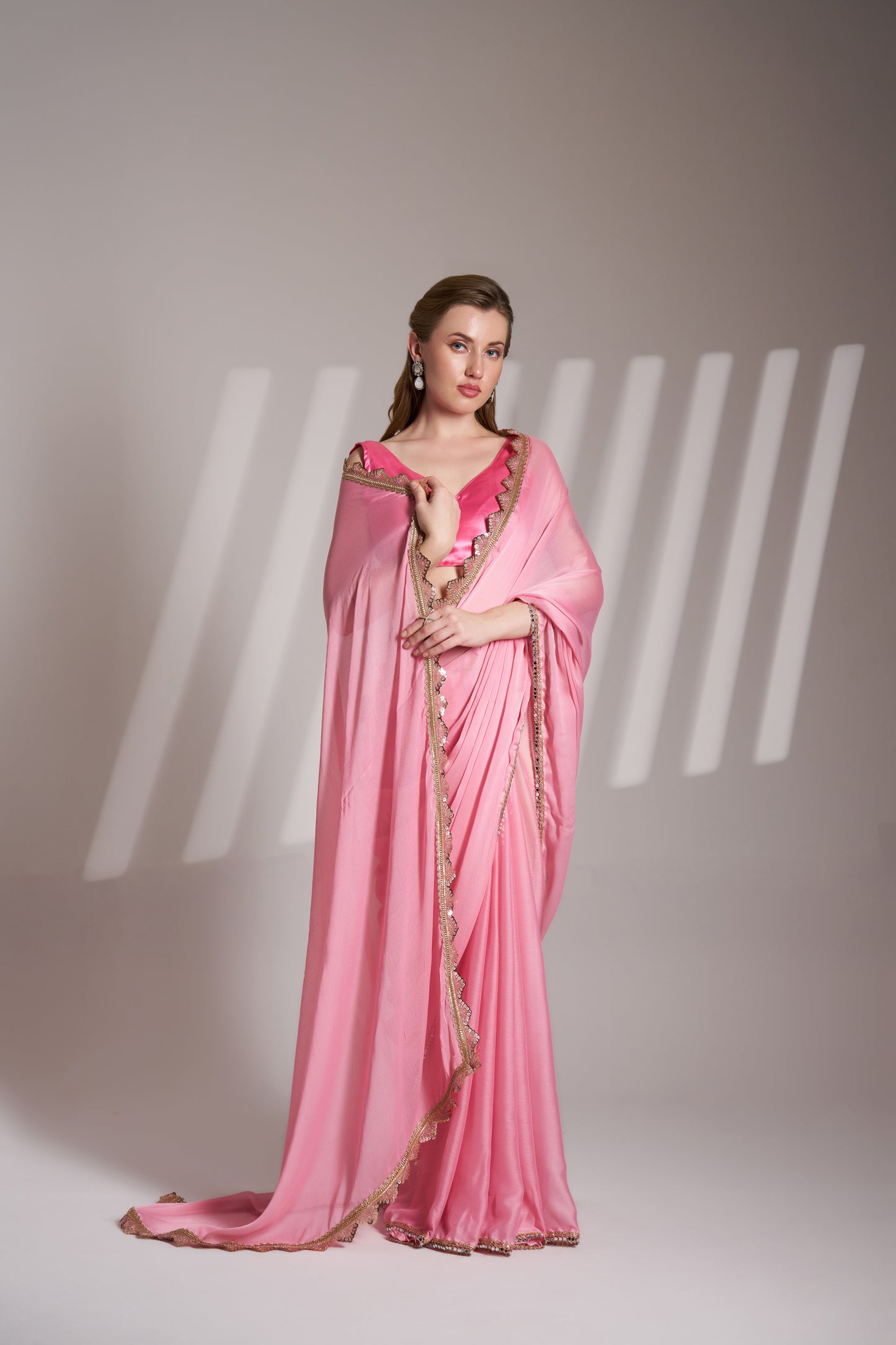 Pink Chiffon Saree with Designer Lace for Party Wear
