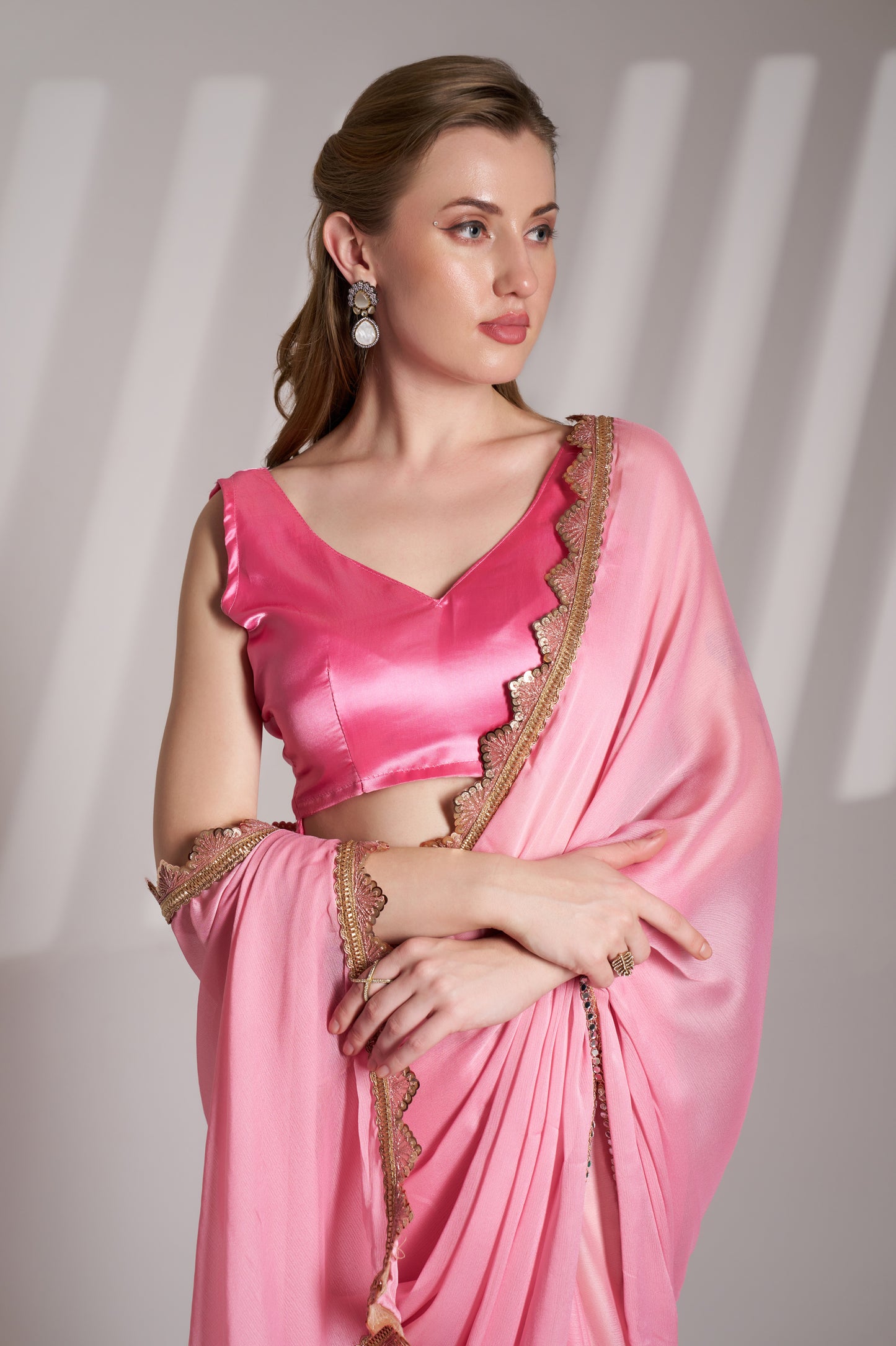 Pink Chiffon Saree with Designer Lace for Party Wear