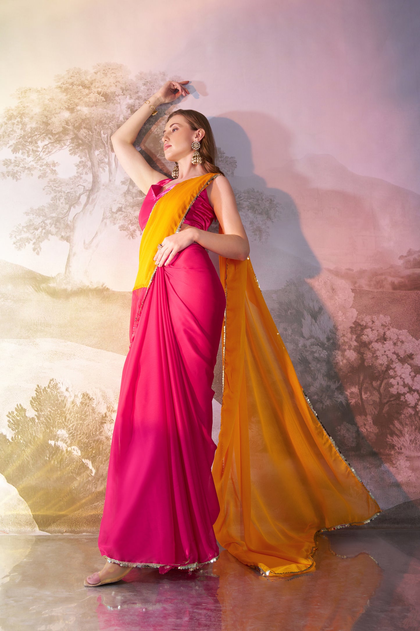 Musturd and Pink color chiffon fabric saree with designer lace and unstitched blouse