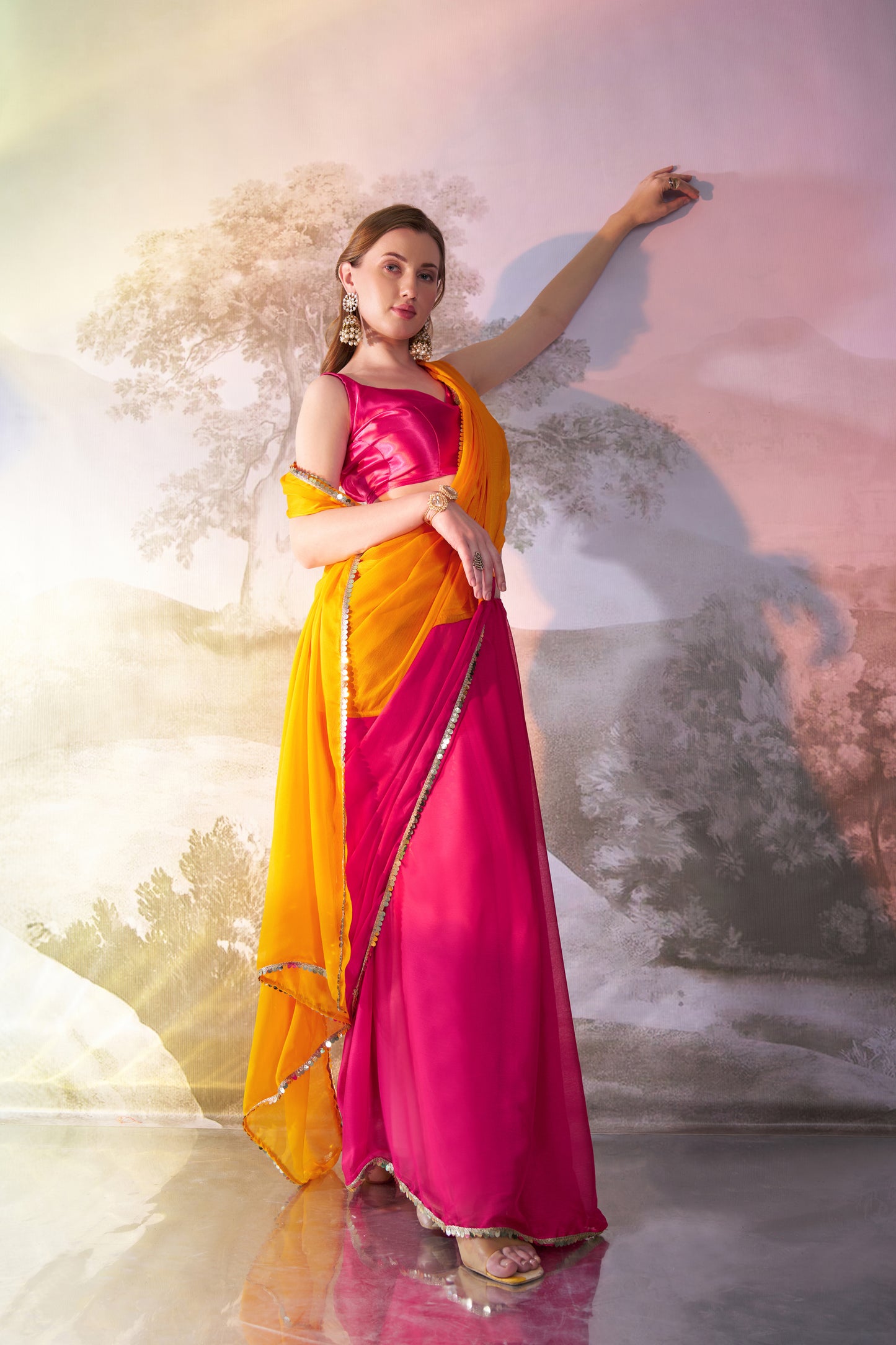 Musturd and Pink color chiffon fabric saree with designer lace and unstitched blouse