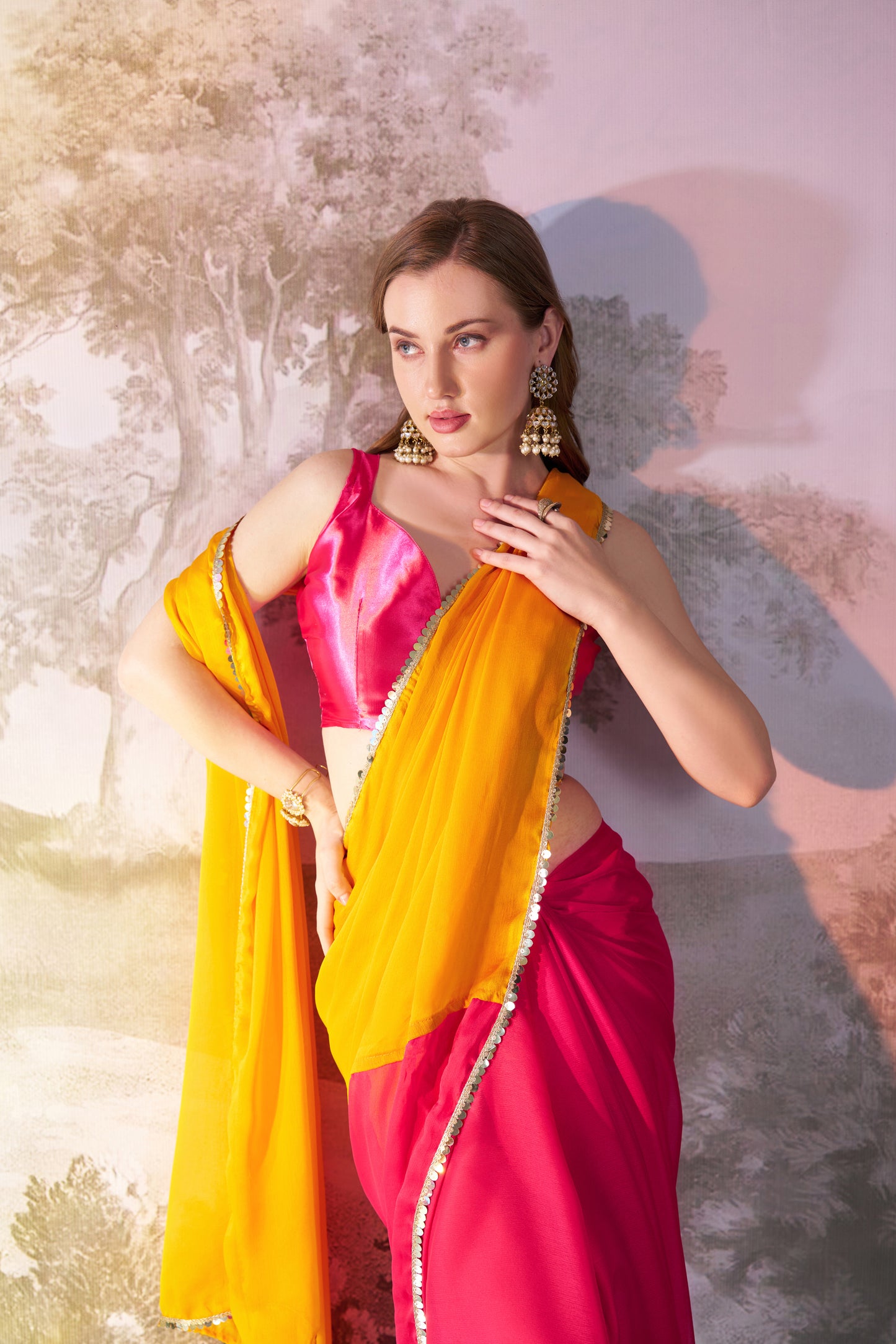 Musturd and Pink color chiffon fabric saree with designer lace and unstitched blouse