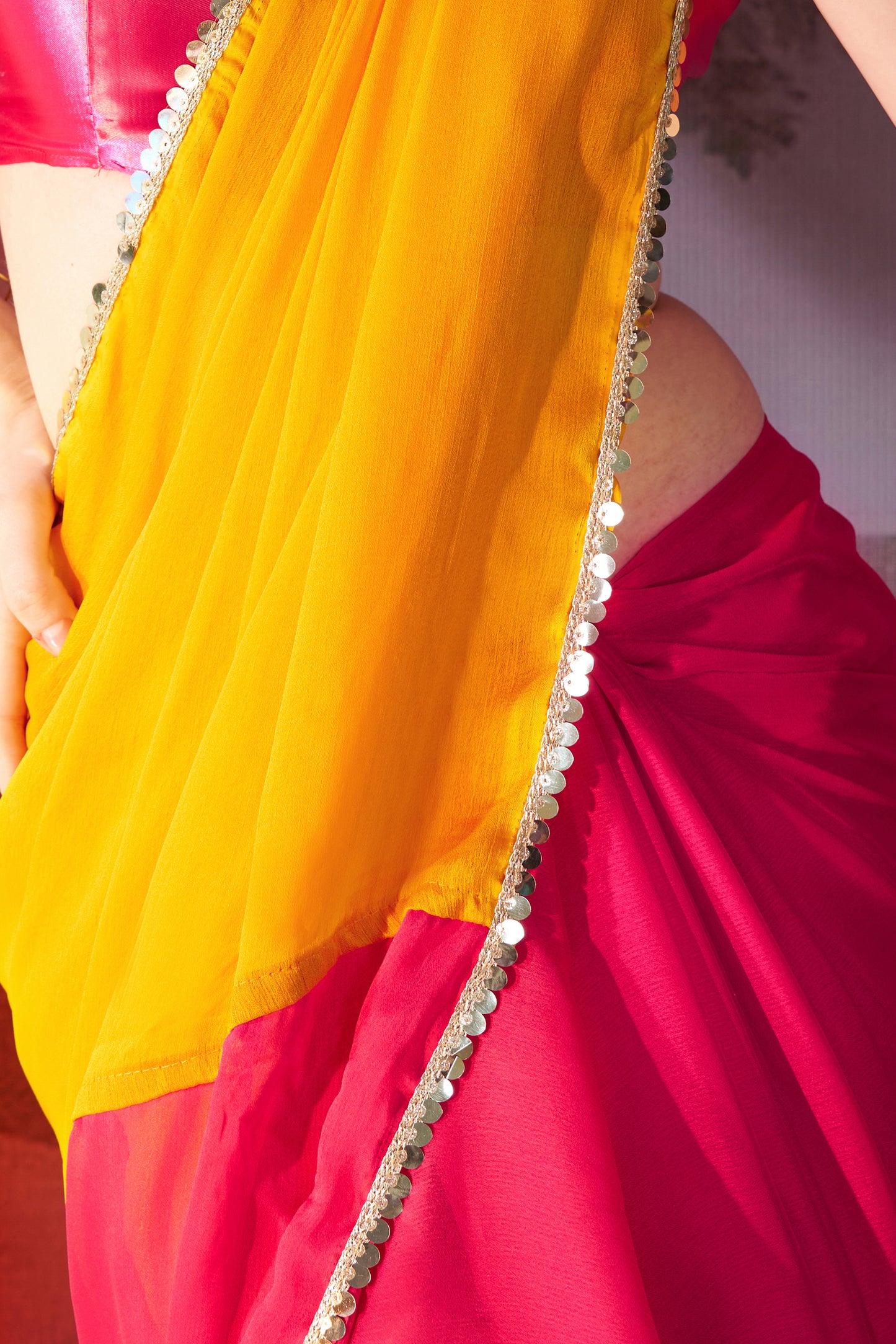 Musturd and Pink color chiffon fabric saree with designer lace and unstitched blouse