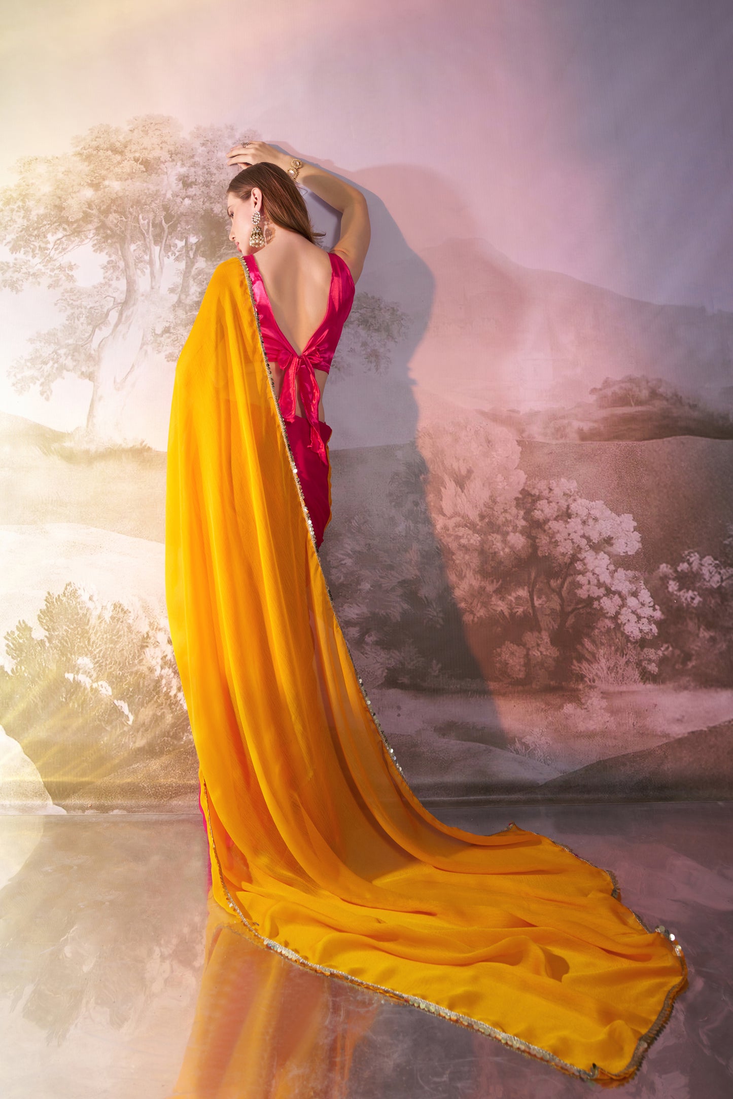 Musturd and Pink color chiffon fabric saree with designer lace and unstitched blouse