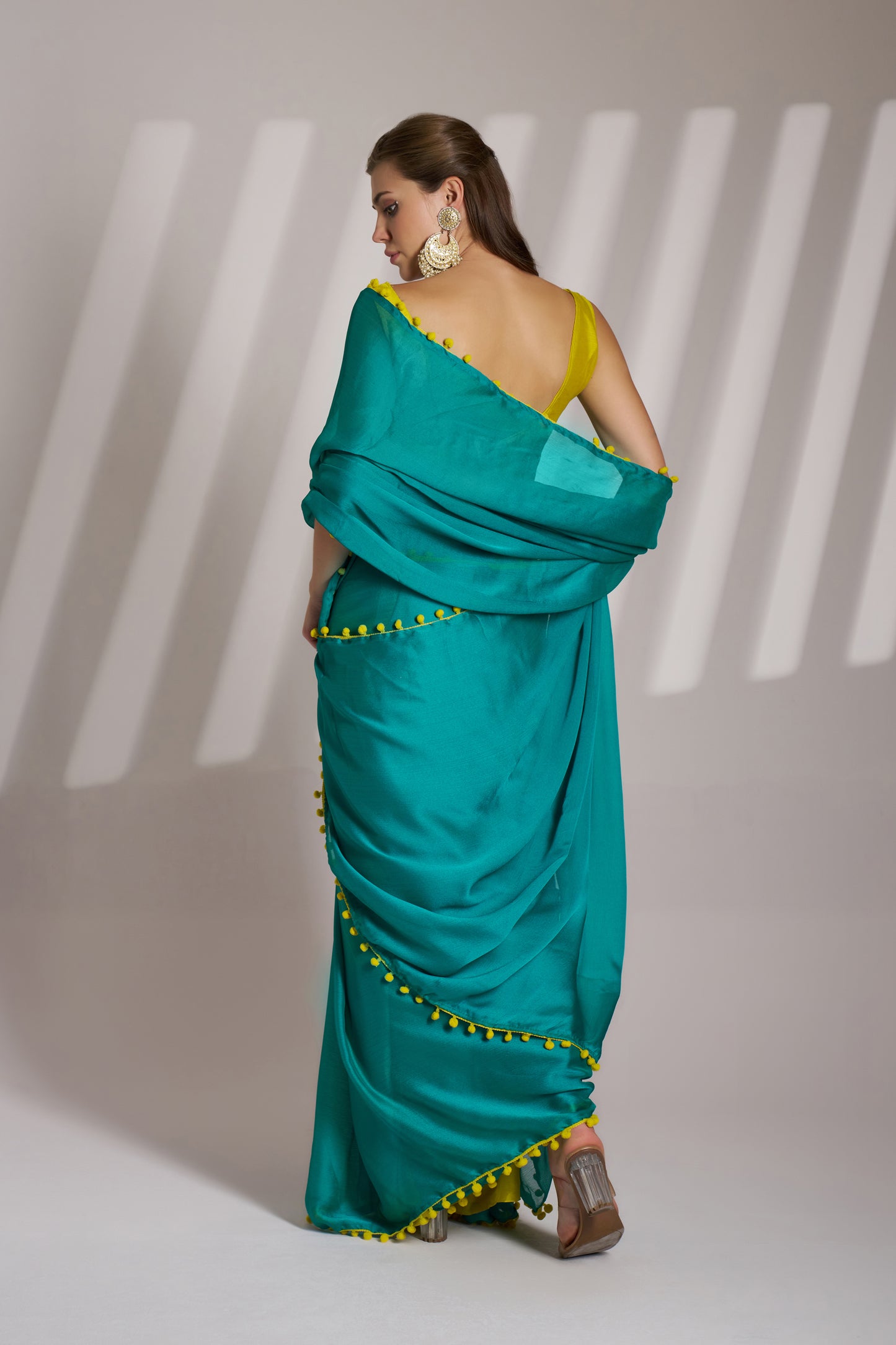 Sea Green color chiffon fabric saree with designer lace and unstitched blouse