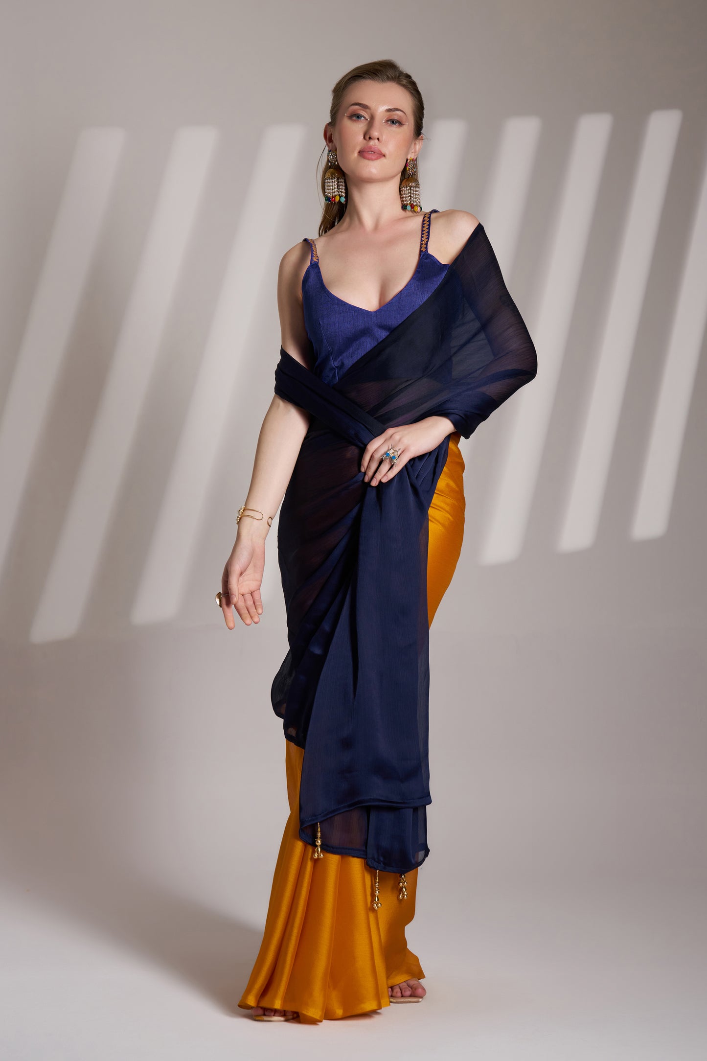 Blue and Mustard Satin Rangoli Saree with Fancy Lace – Party & Festive Wear