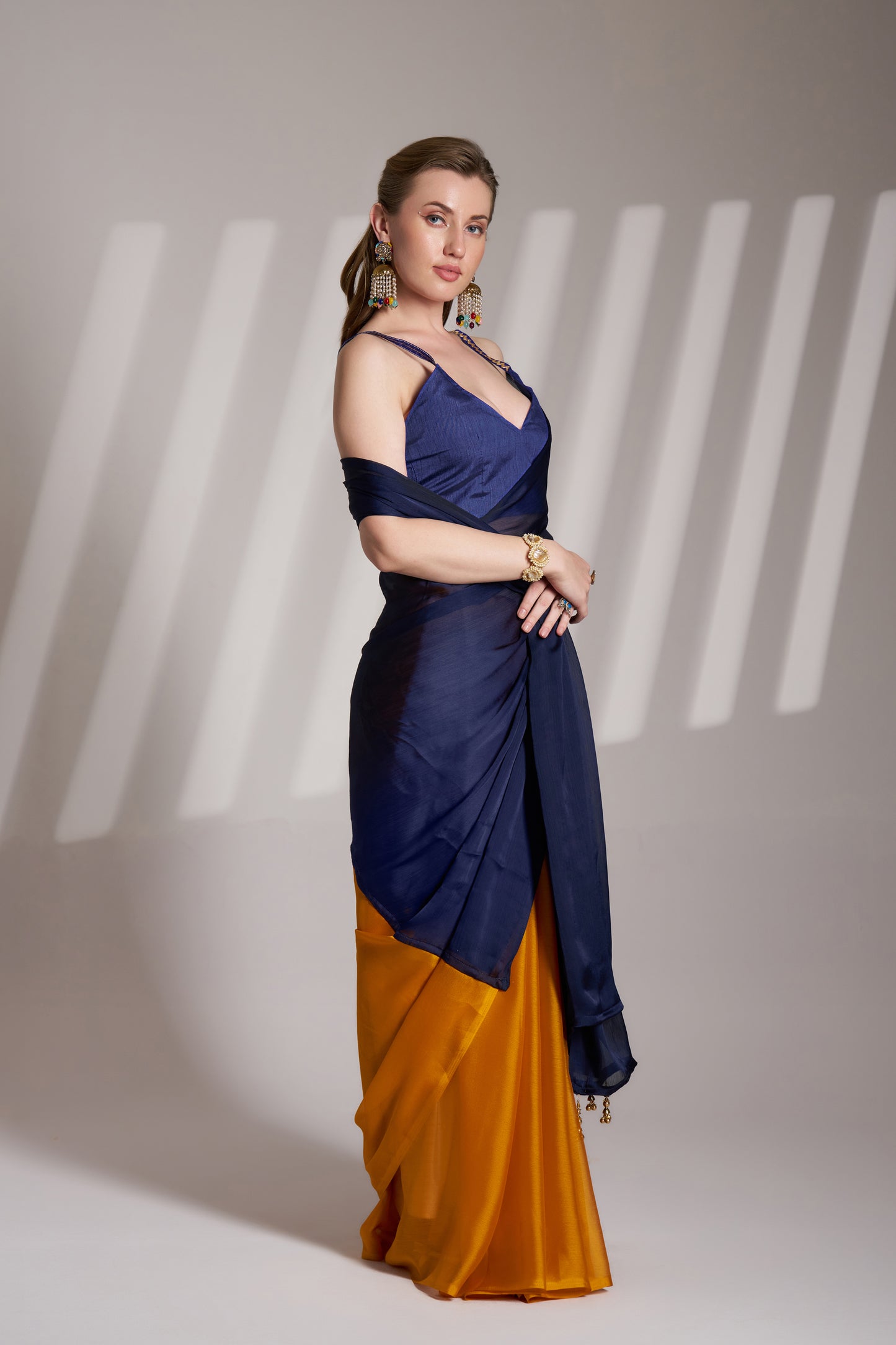 Blue and Mustard Satin Rangoli Saree with Fancy Lace – Party & Festive Wear