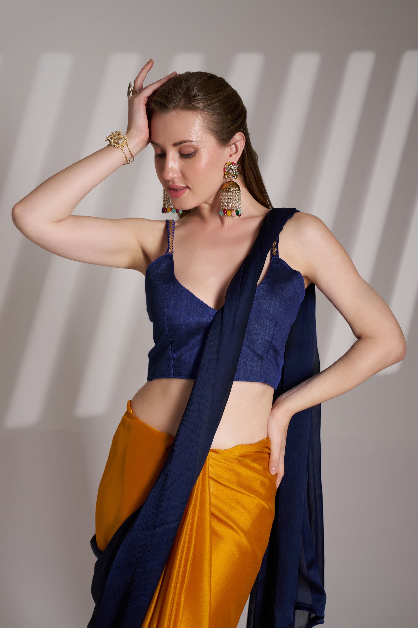 Blue and Mustard Satin Rangoli Saree with Fancy Lace – Party & Festive Wear