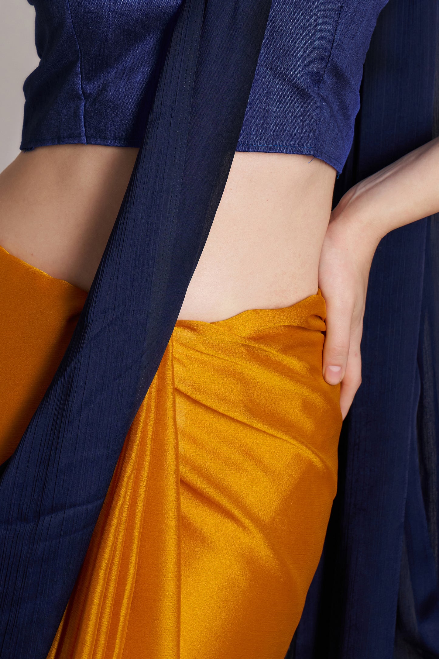 Blue and Mustard Satin Rangoli Saree with Fancy Lace – Party & Festive Wear