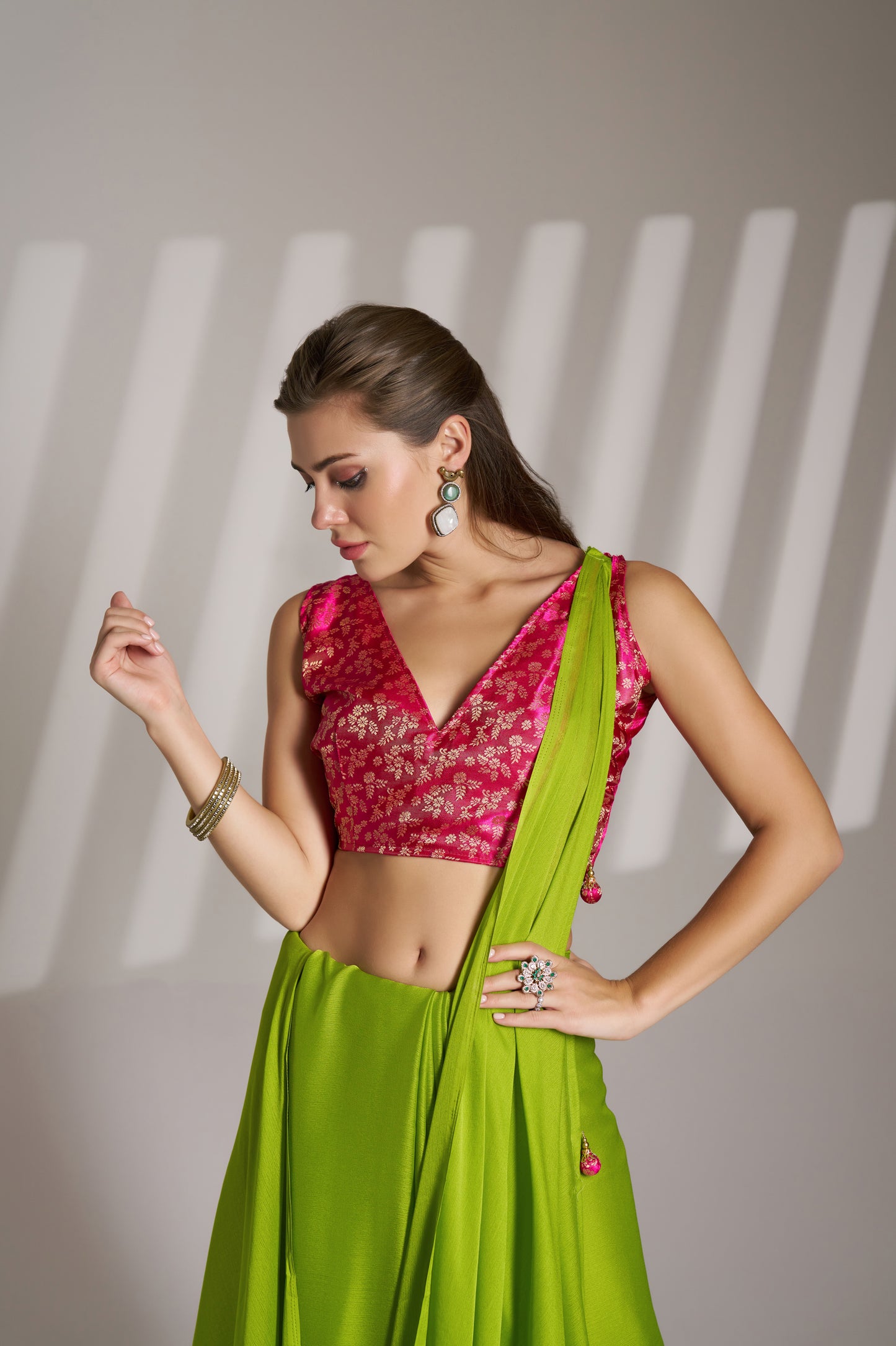 Green Chiffon Saree with Designer Lace and Unstitched Blouse – Party & Festive Wear