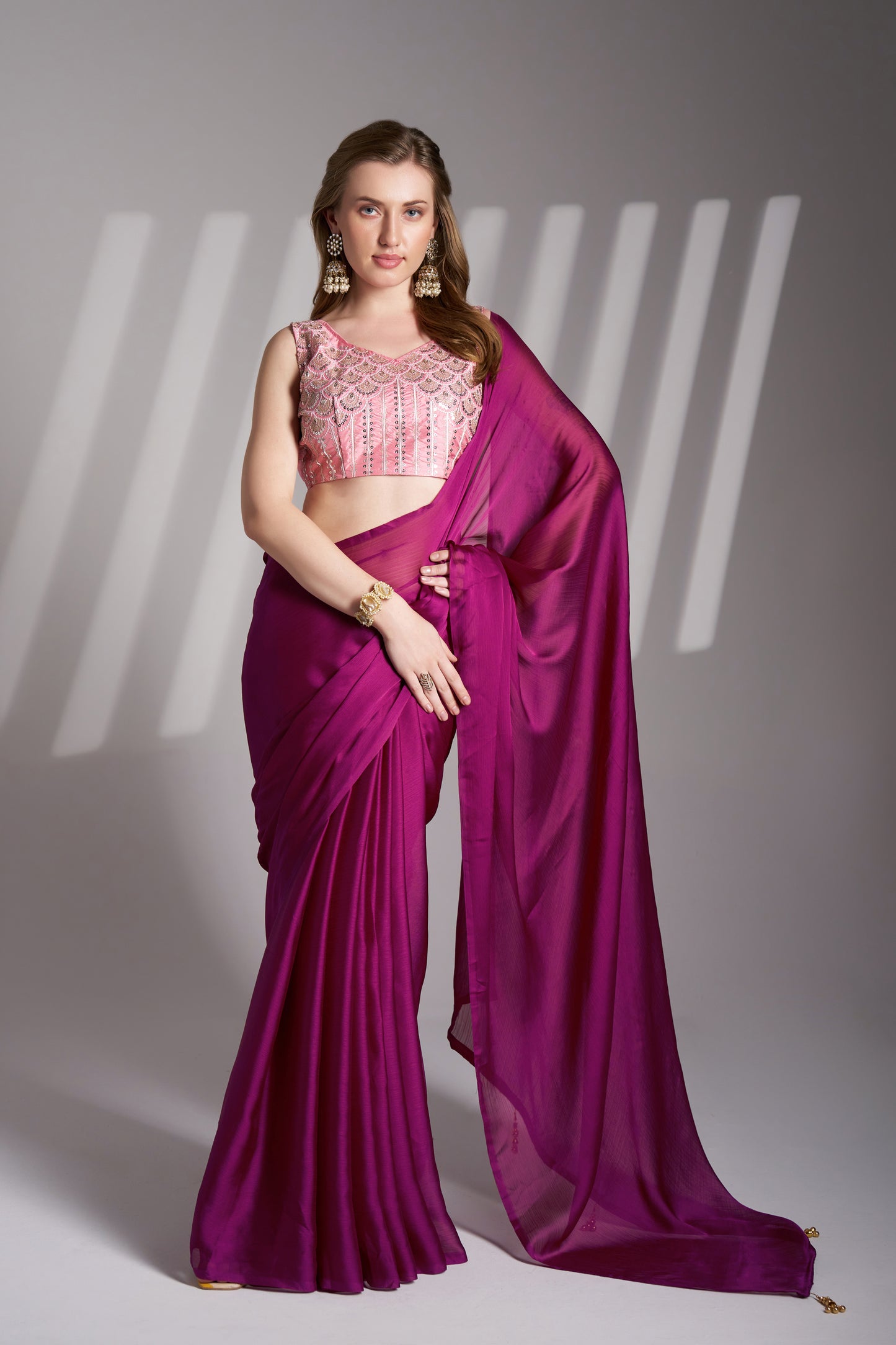 Magenta Chiffon Party Wear Saree with Fancy Tassels