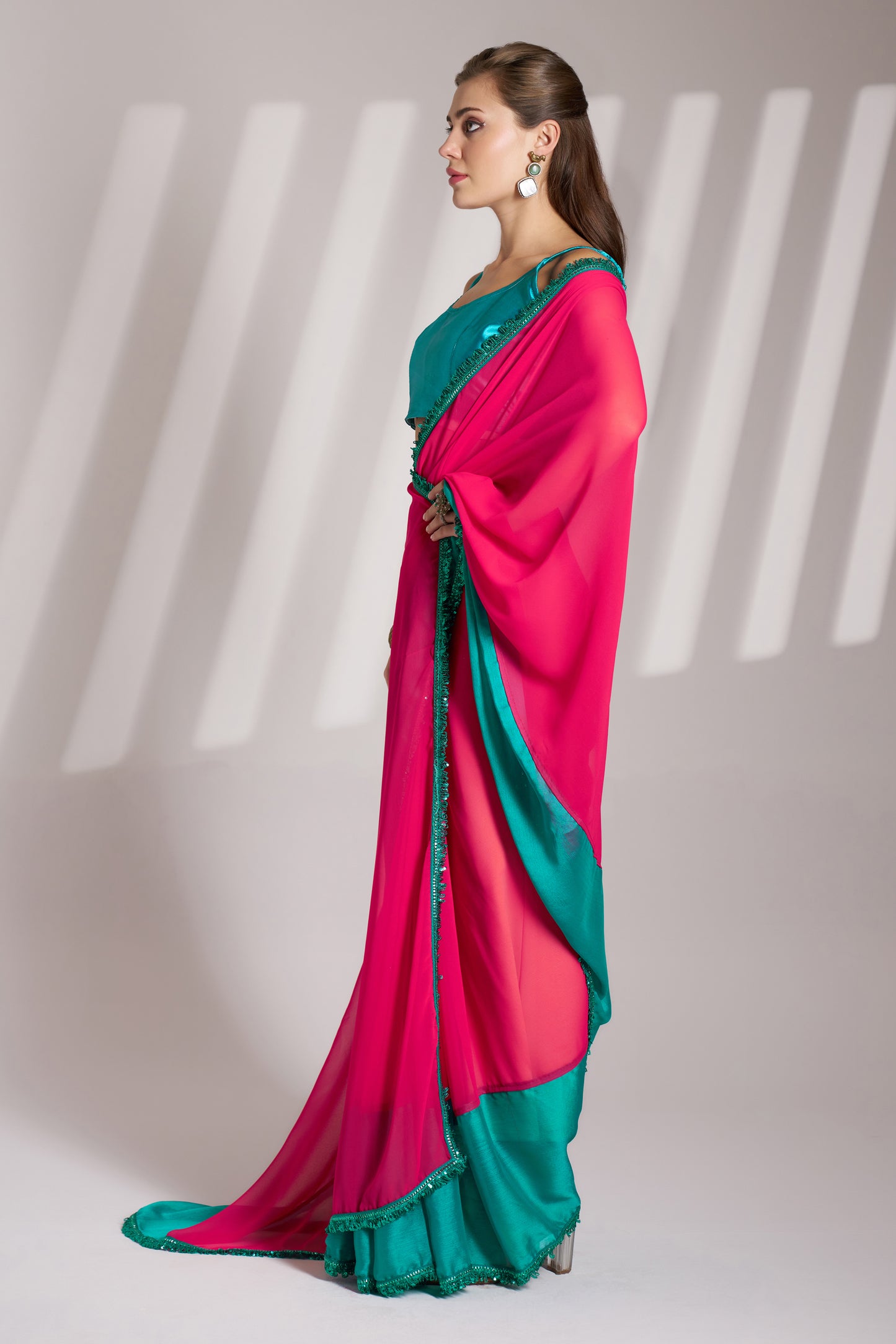 Stunning Georgette Saree in Crimson Red & Turquoise Blue with Designer Lace