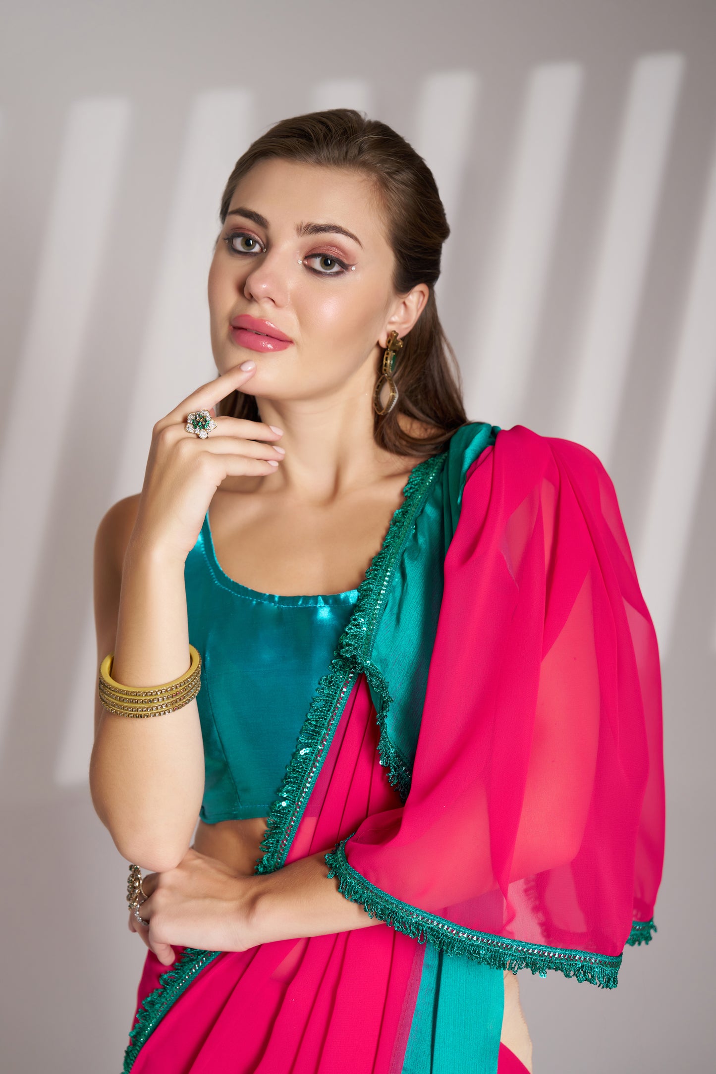 Stunning Georgette Saree in Crimson Red & Turquoise Blue with Designer Lace