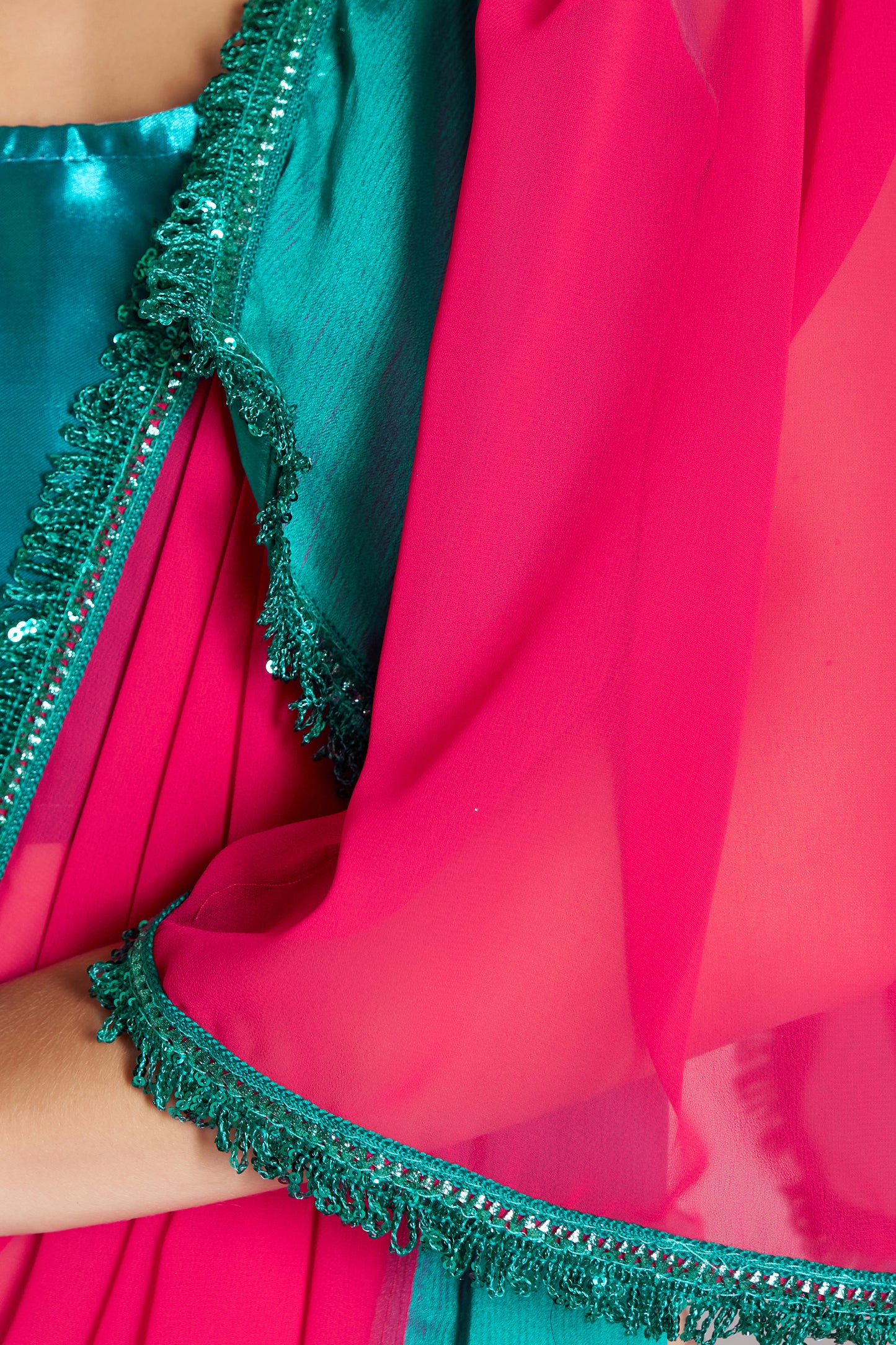 Stunning Georgette Saree in Crimson Red & Turquoise Blue with Designer Lace