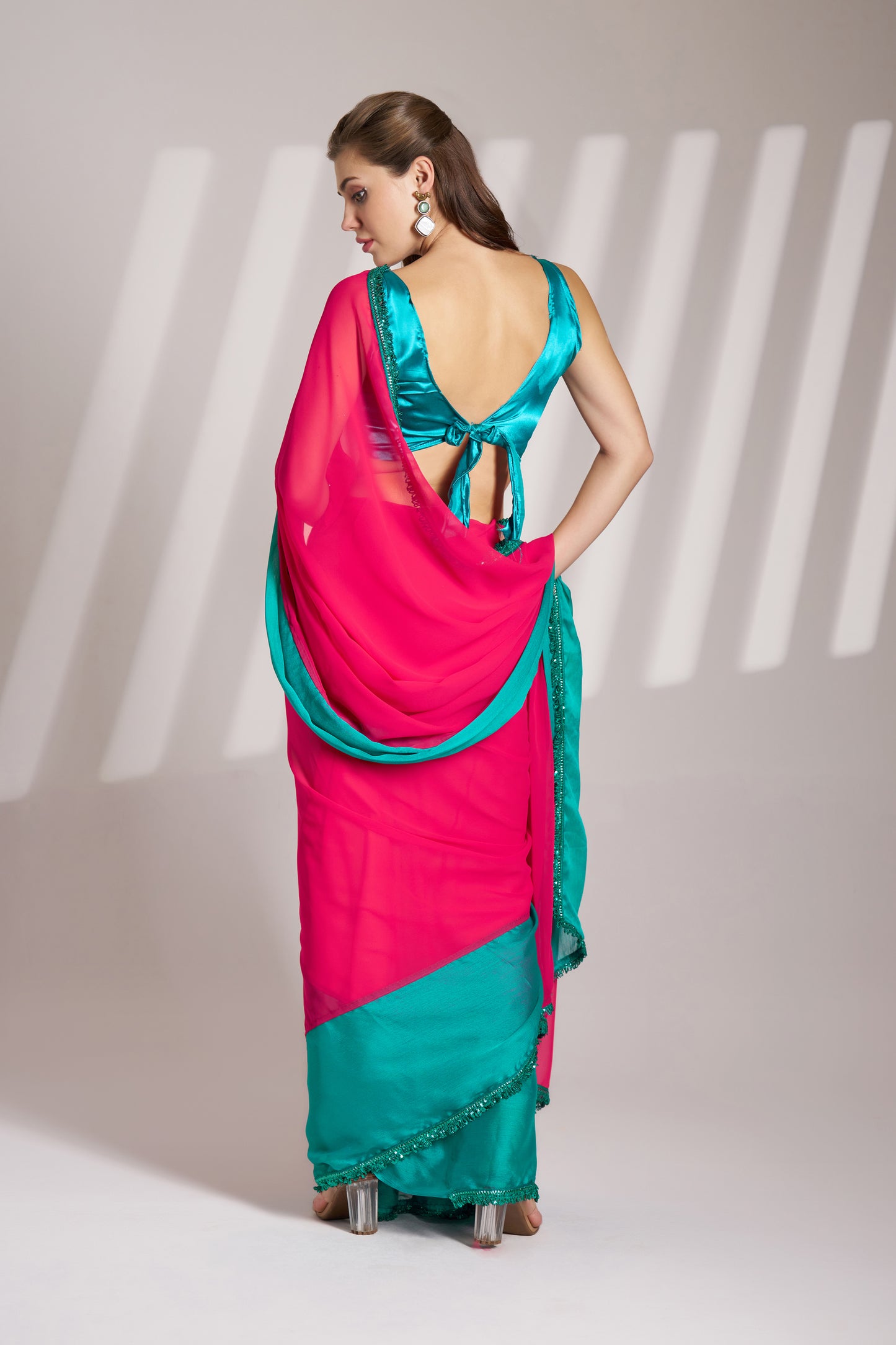 Stunning Georgette Saree in Crimson Red & Turquoise Blue with Designer Lace