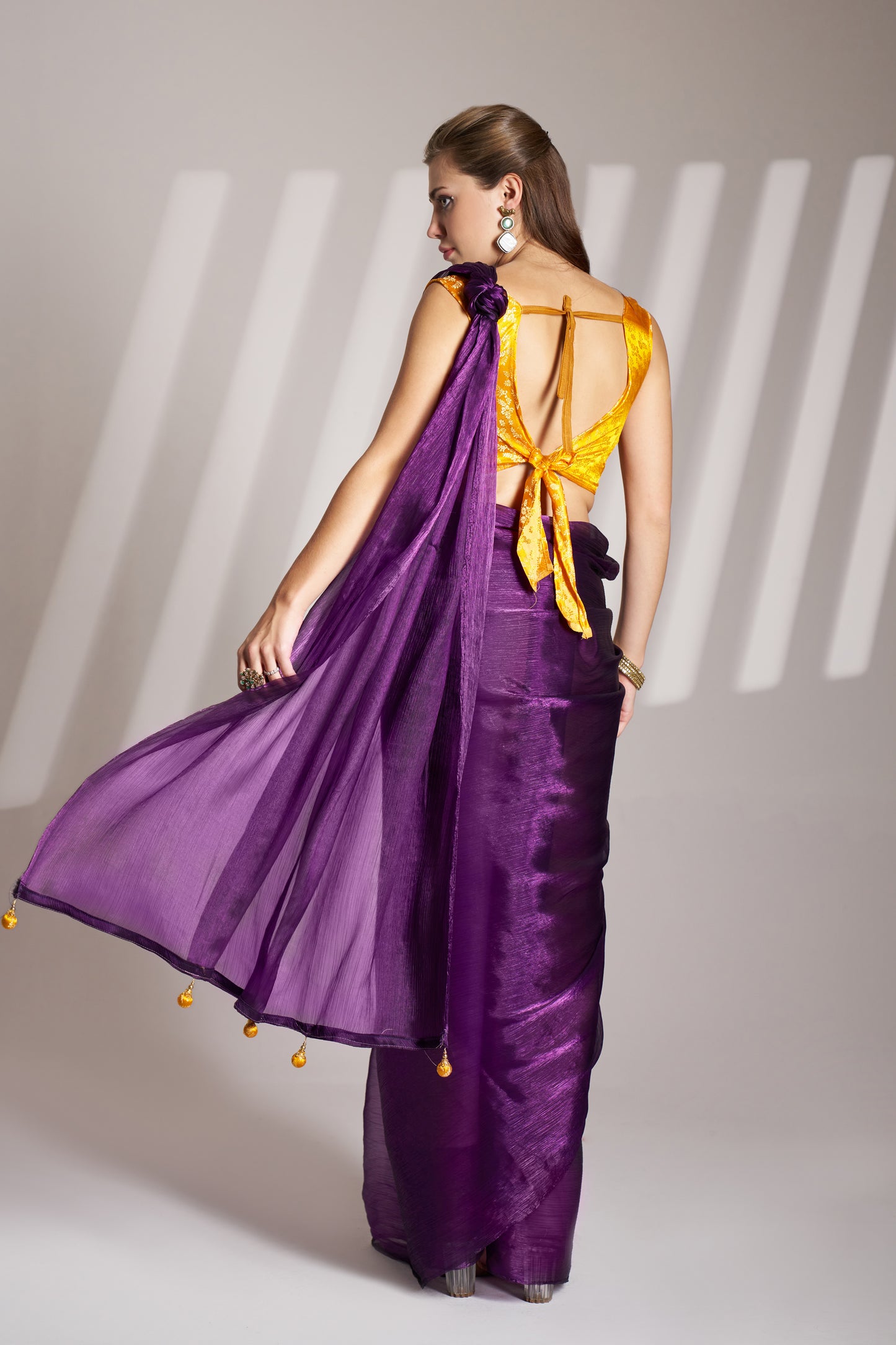Purple Burberry Organza Saree with Tassels – Party Wear Saree