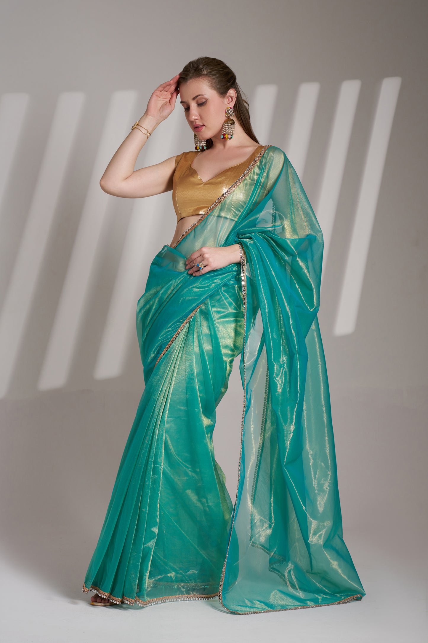 Sea Green Twill Net Saree with Designer Lace and Unstitched Blouse – Party & Festive Wear