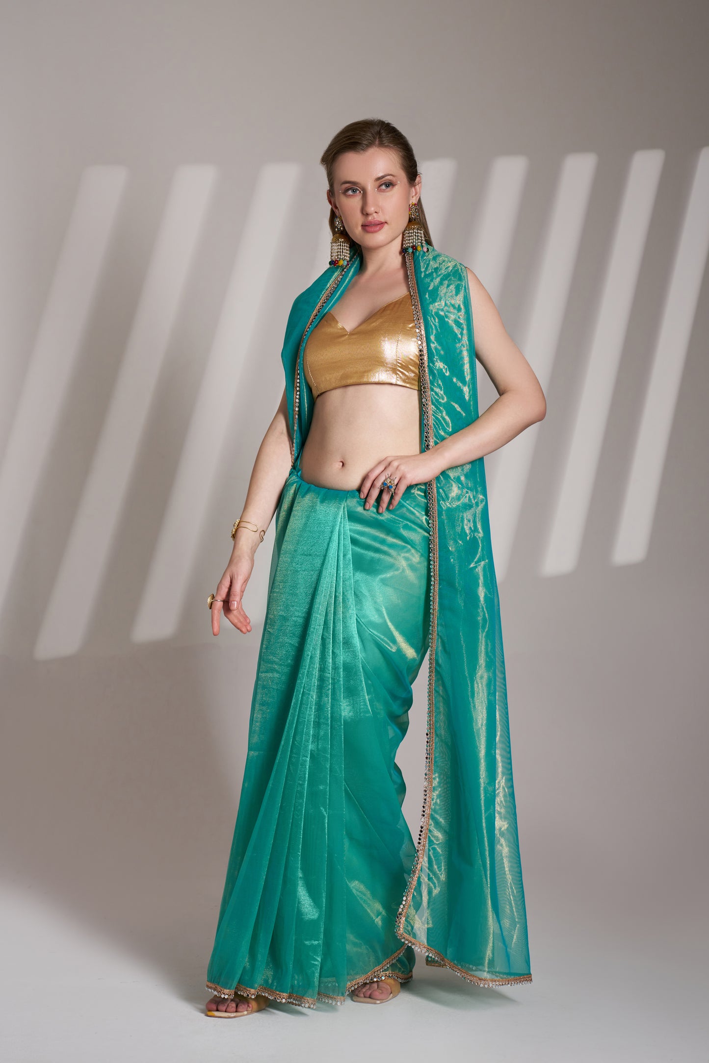 Sea Green Twill Net Saree with Designer Lace and Unstitched Blouse – Party & Festive Wear