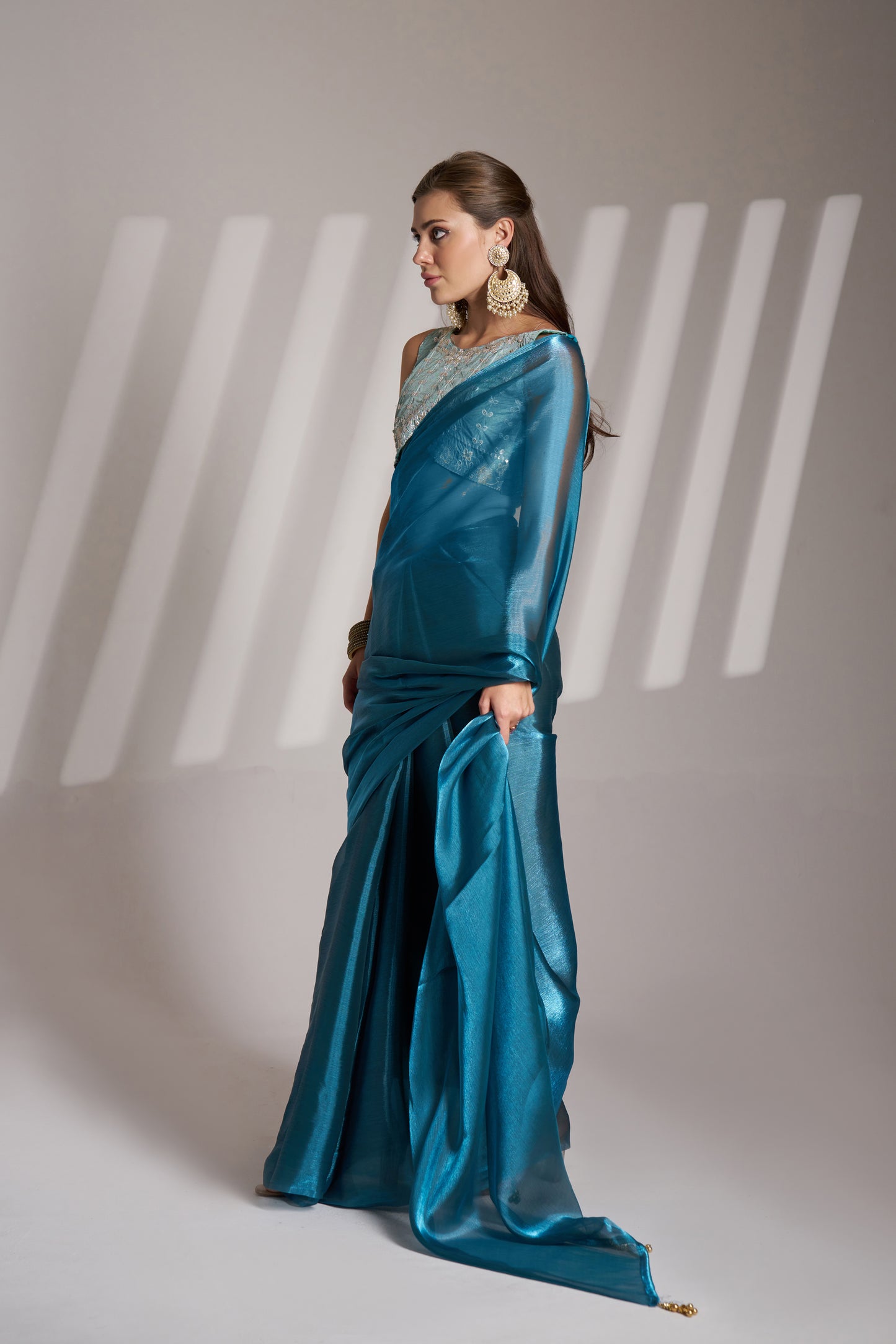 Sea Blue Party Wear Burberry Organza Saree