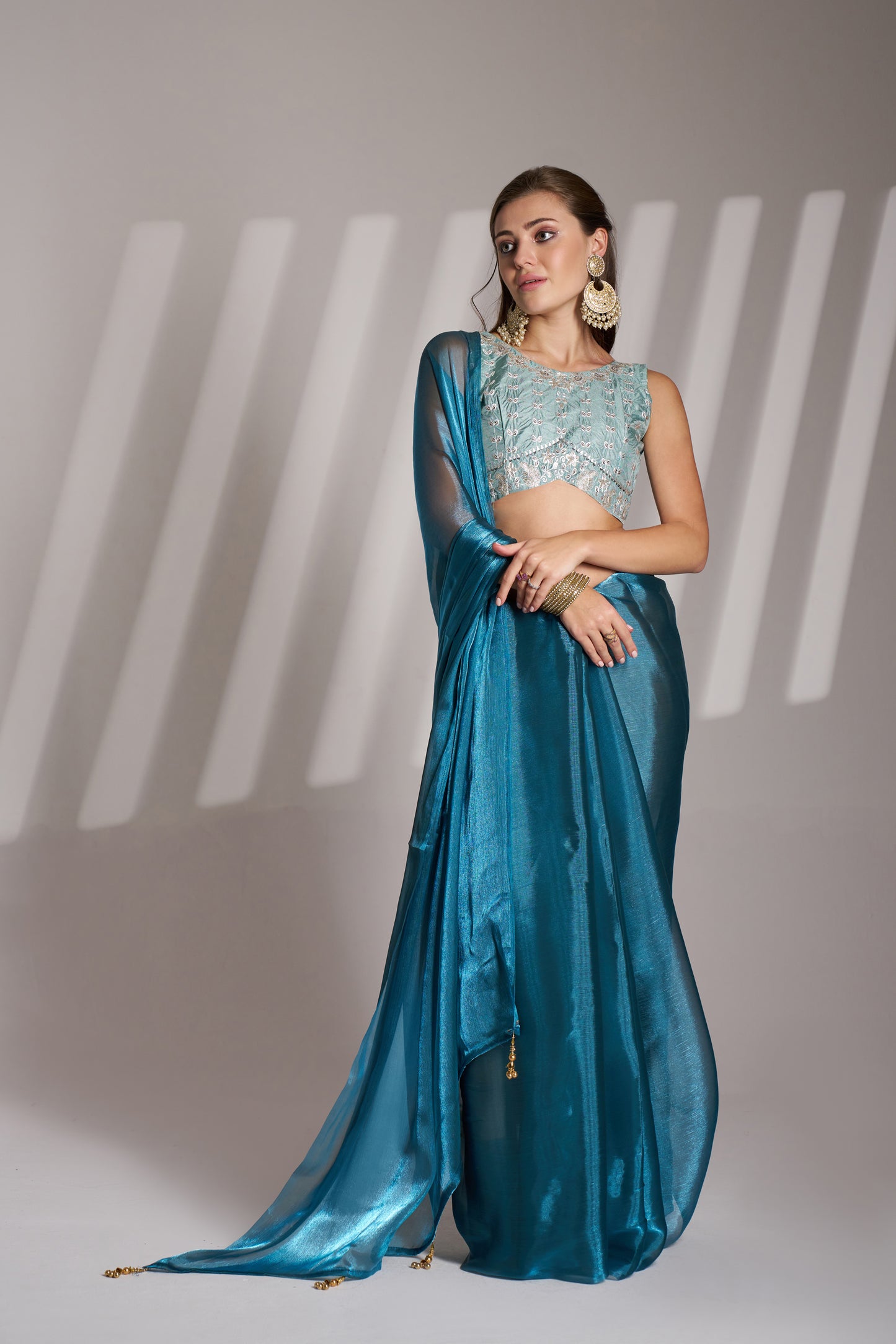 Sea Blue Party Wear Burberry Organza Saree