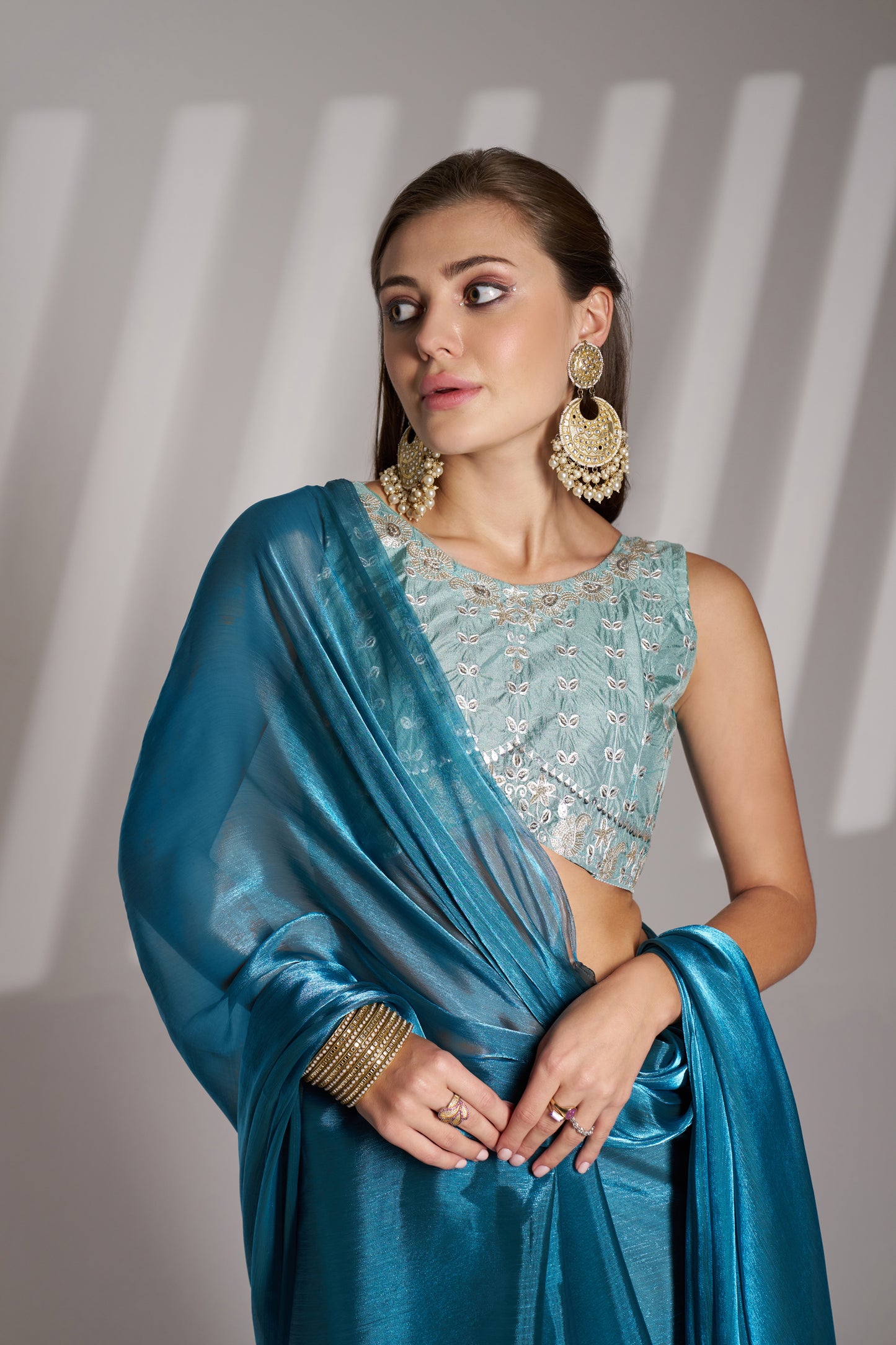 Sea Blue Party Wear Burberry Organza Saree
