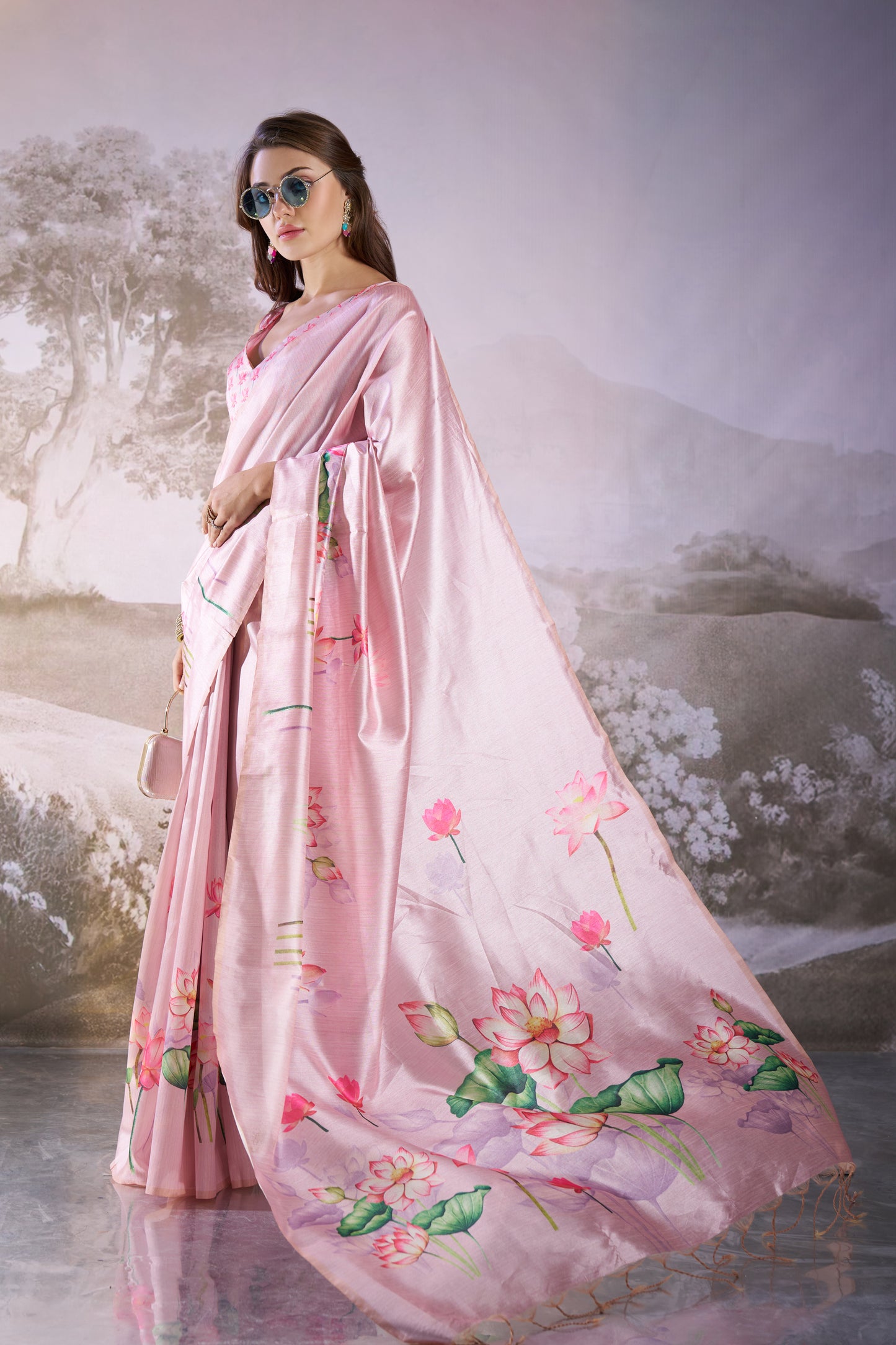 Pink Linen Floral Print Party Wear Saree