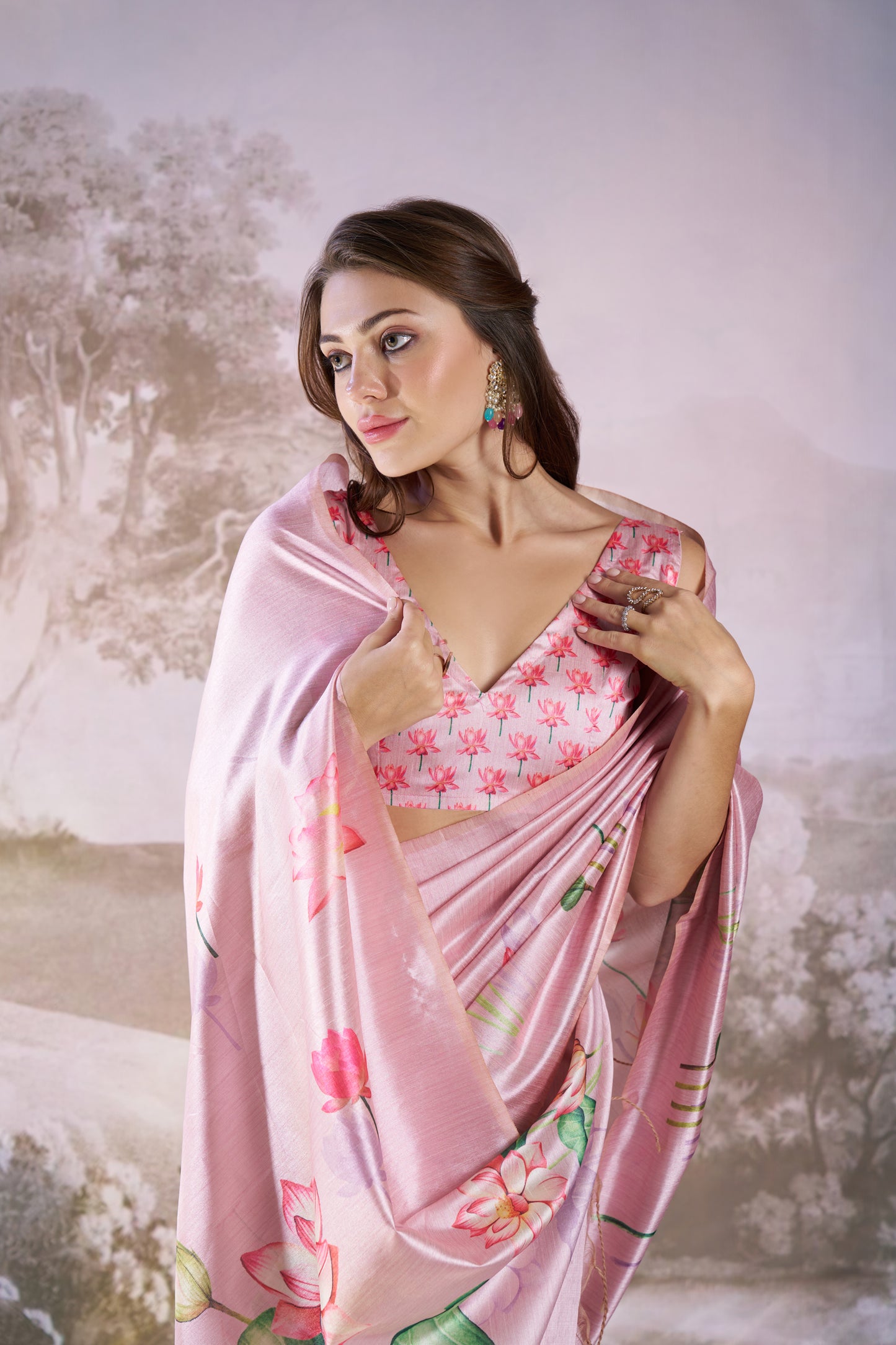 Pink Linen Floral Print Party Wear Saree
