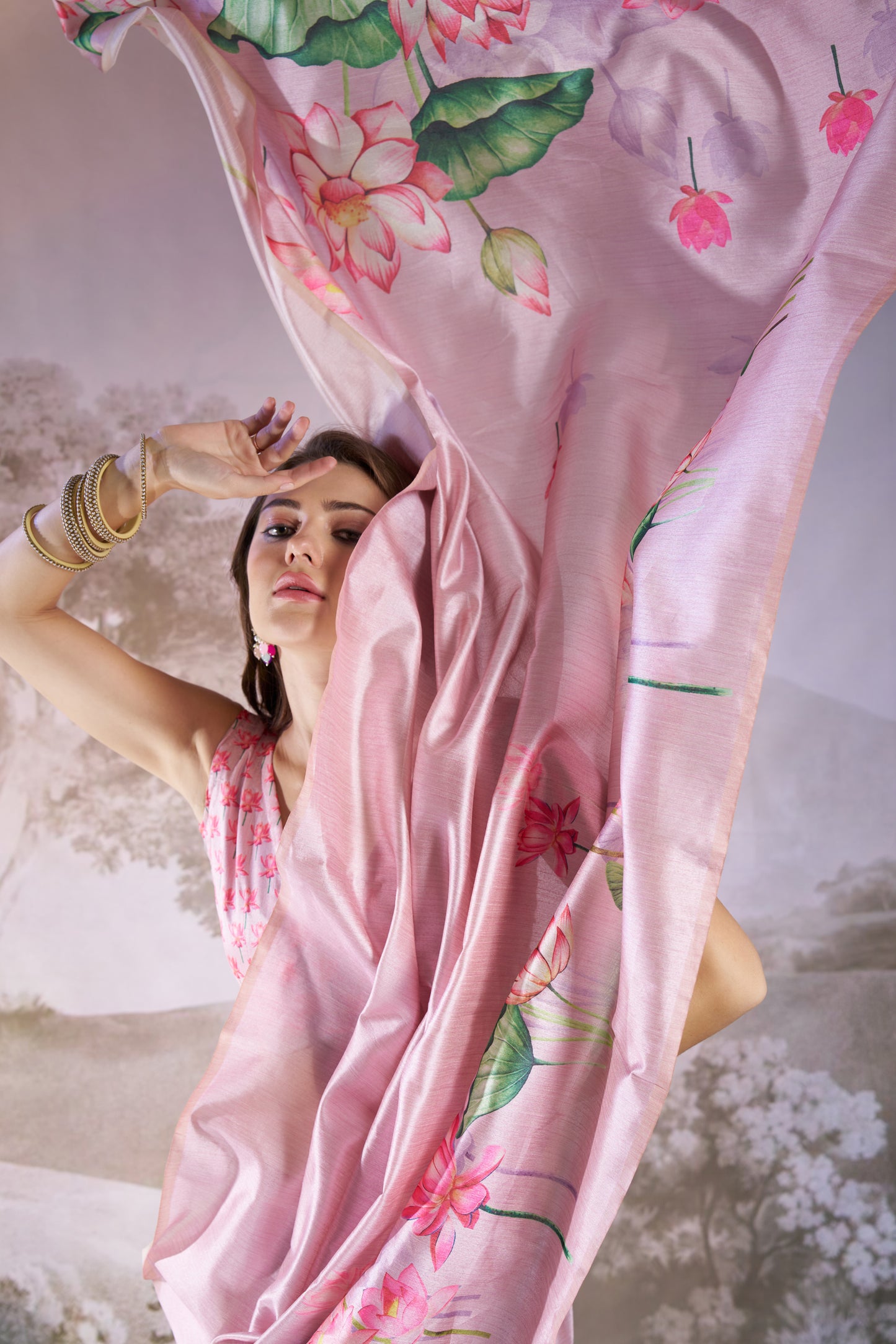Pink Linen Floral Print Party Wear Saree