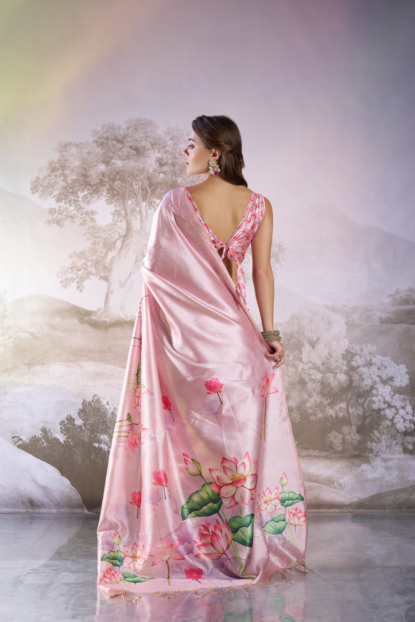 Pink Linen Floral Print Party Wear Saree