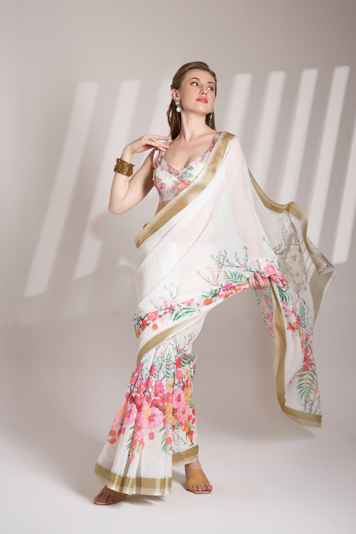 White Color Linen Floral Print Party Wear Saree