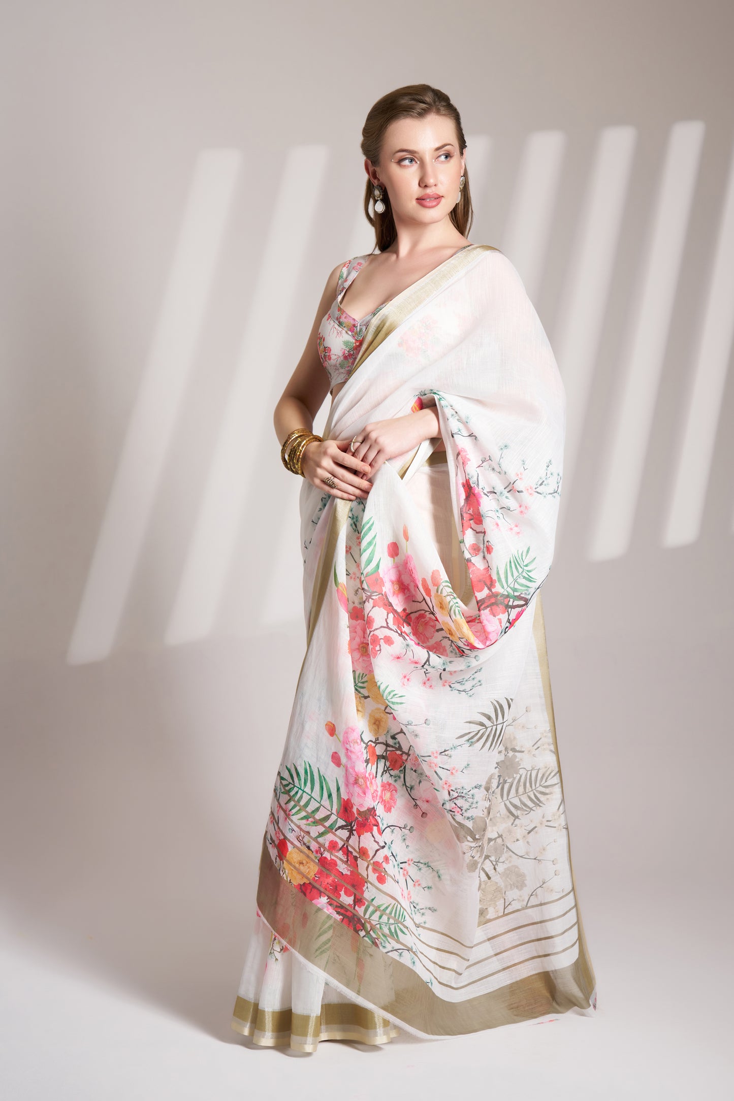 White Color Linen Floral Print Party Wear Saree