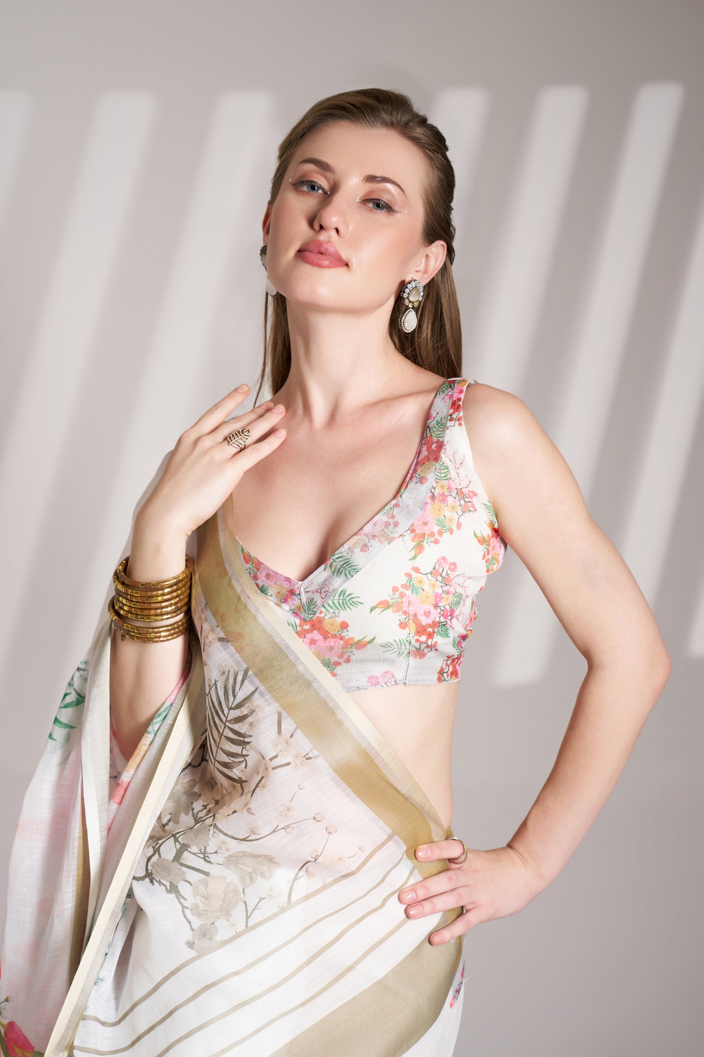 White Color Linen Floral Print Party Wear Saree