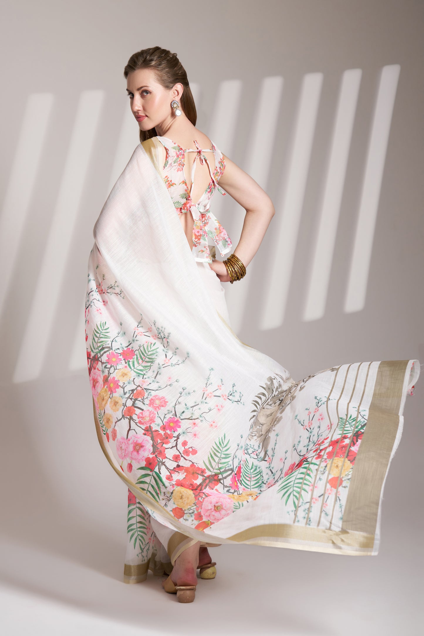 White Color Linen Floral Print Party Wear Saree
