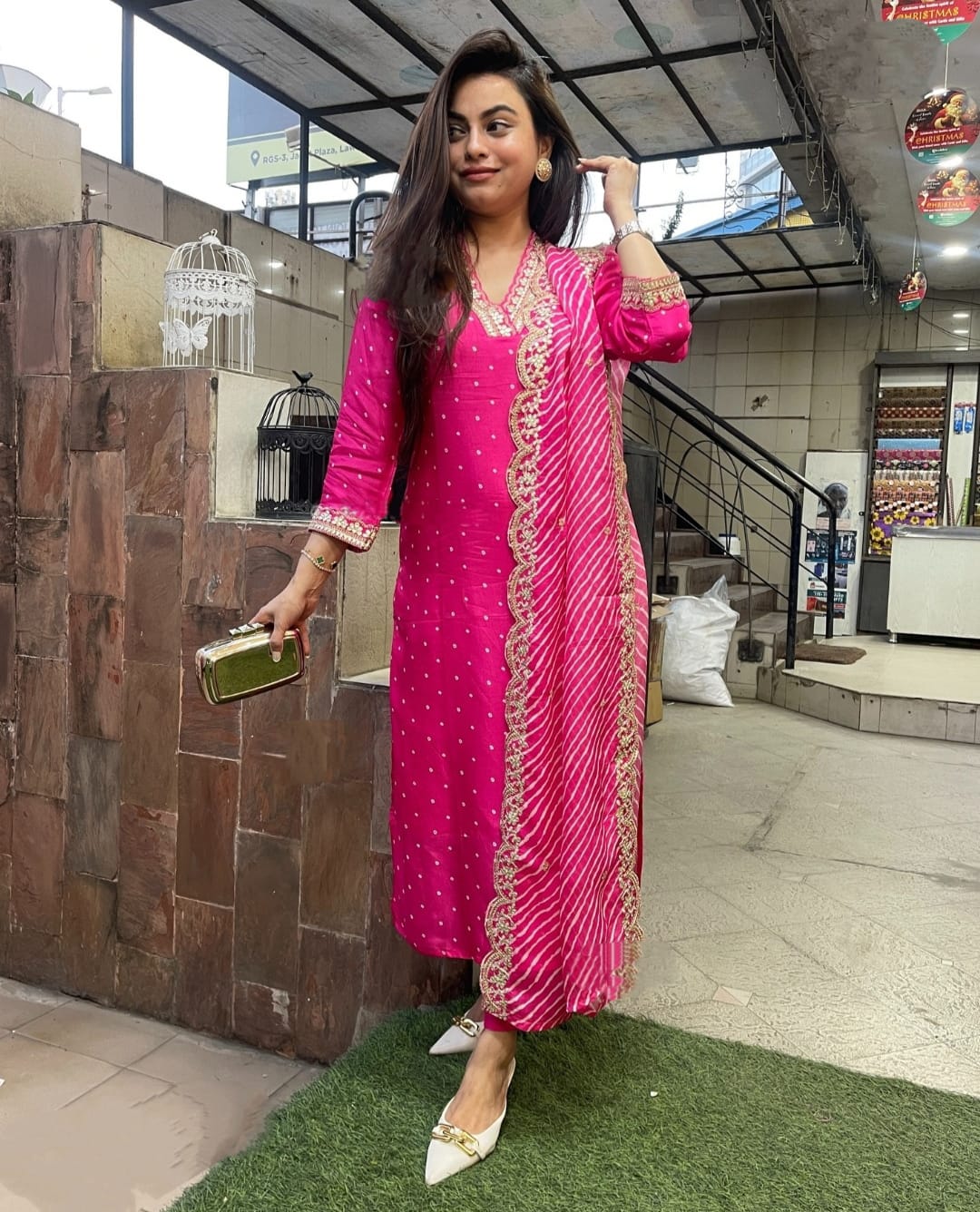 Pink Color Chanderi Party Wear Kurti Pant Set