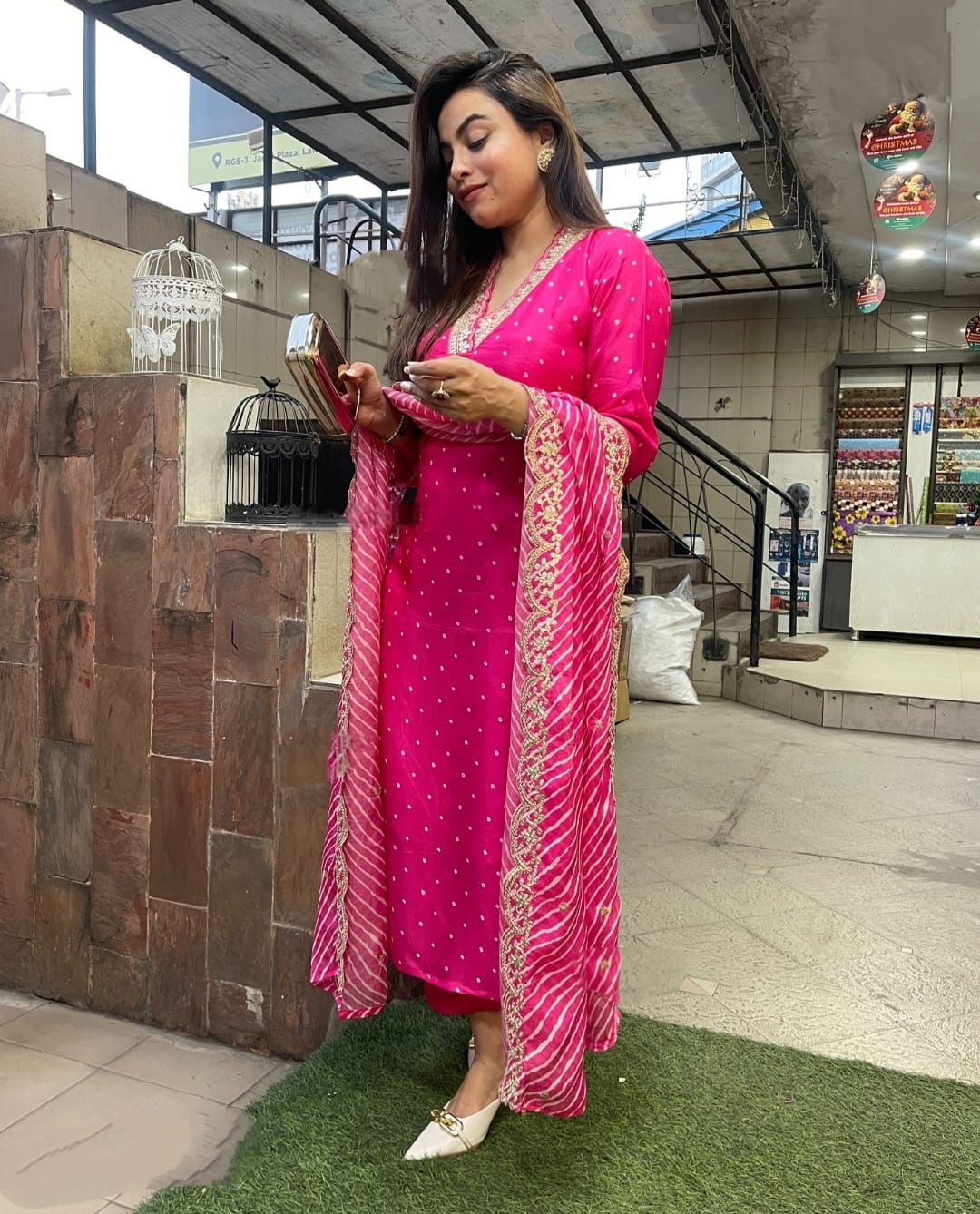 Pink Color Chanderi Party Wear Kurti Pant Set