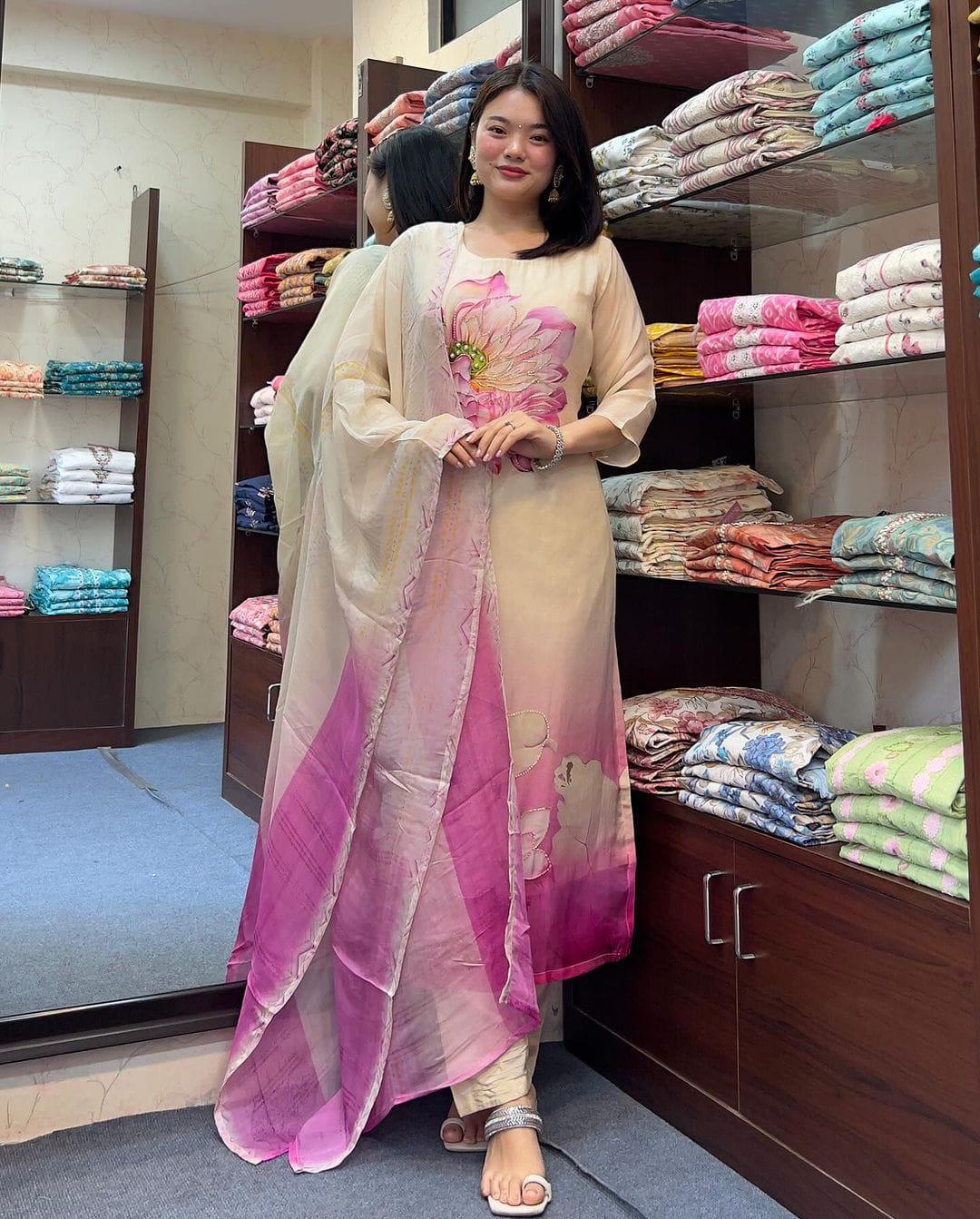 Off white and Pink Color Taby Slik Kurti Pant Set
