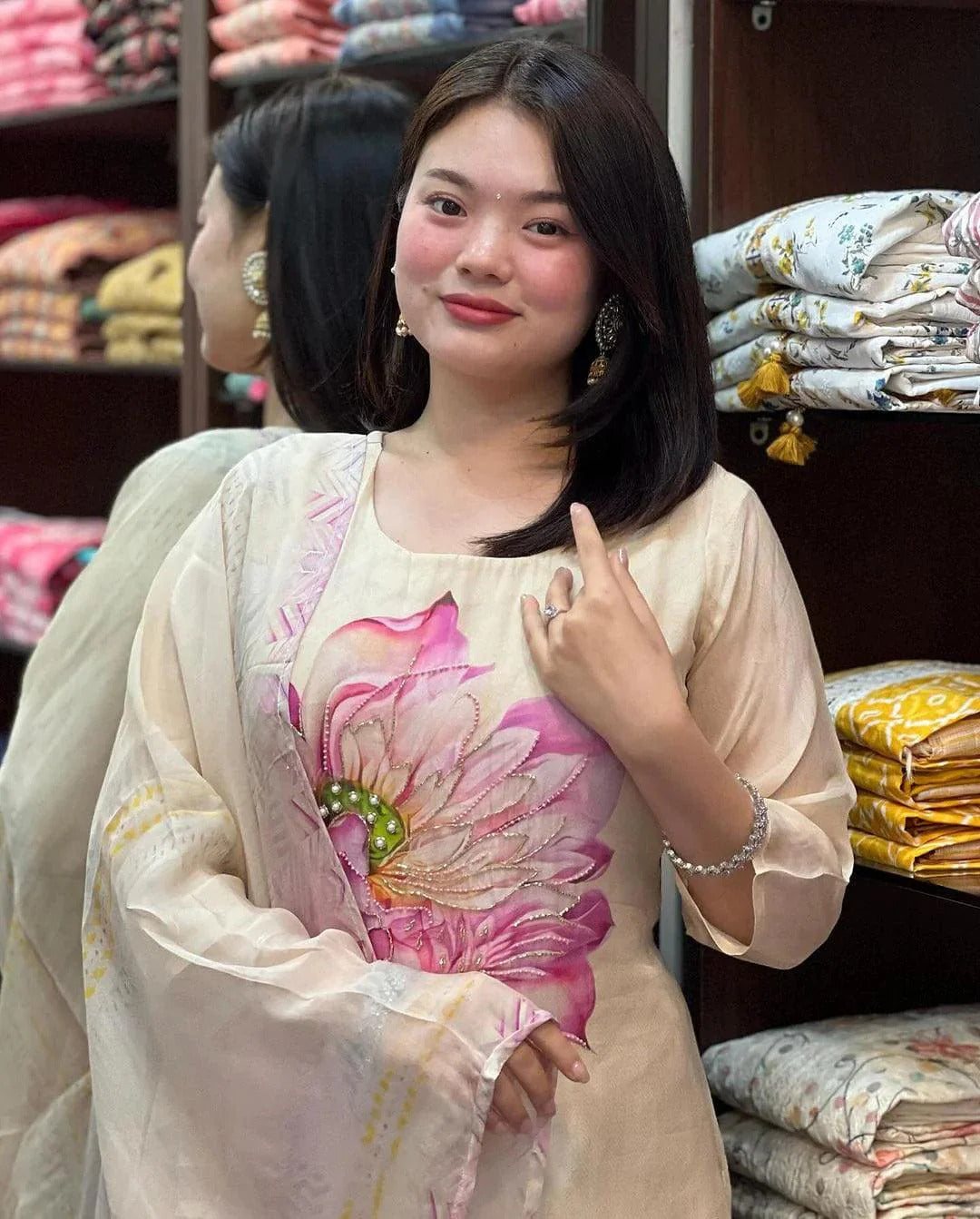 Off white and Pink Color Taby Slik Kurti Pant Set