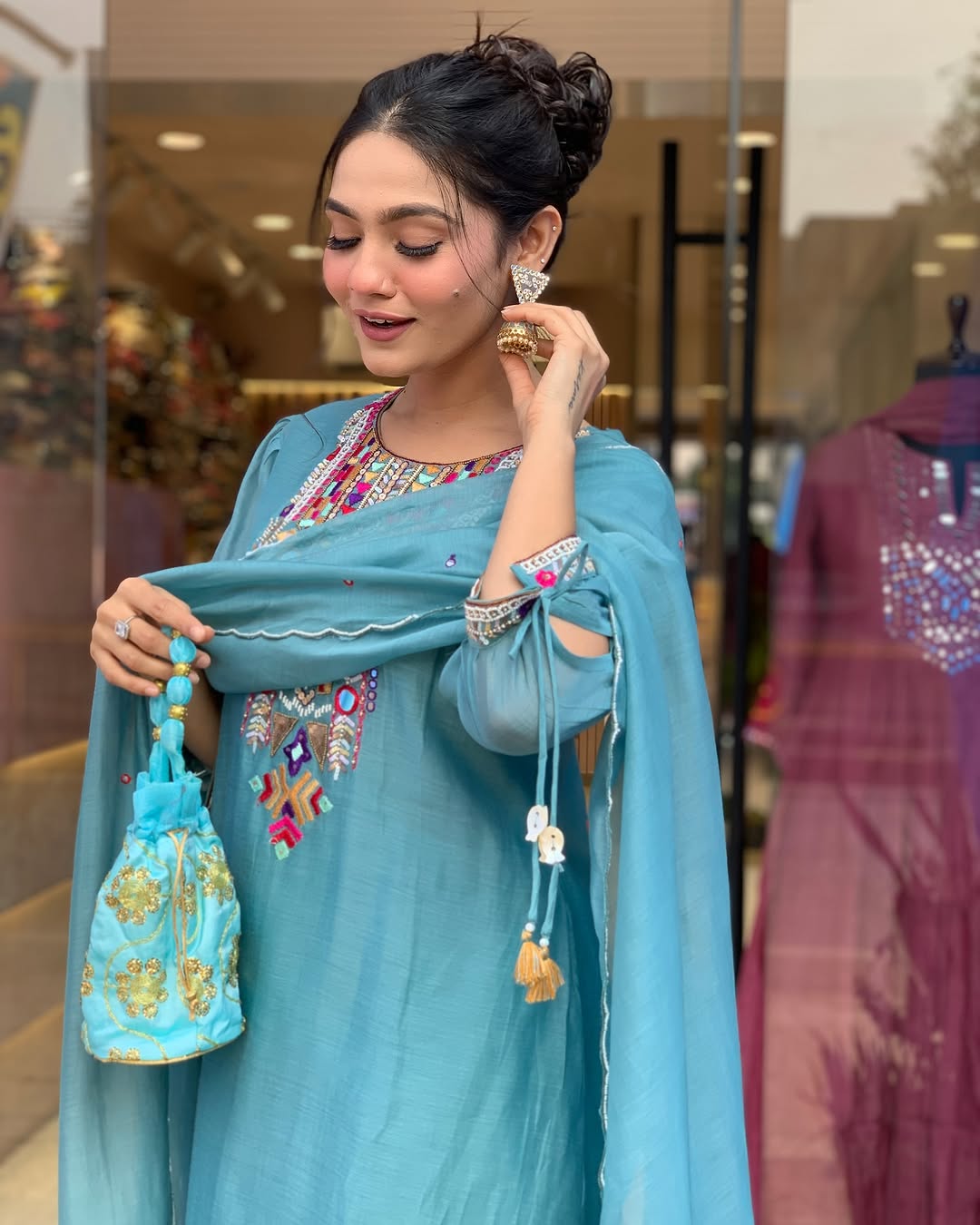 Blue Color Chanderi Silk Designer Kurti Pant Set