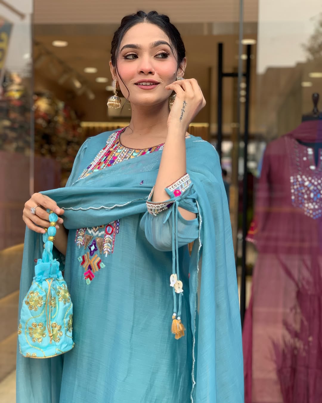 Blue Color Chanderi Silk Designer Kurti Pant Set