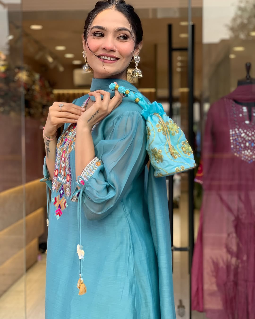 Blue Color Chanderi Silk Designer Kurti Pant Set