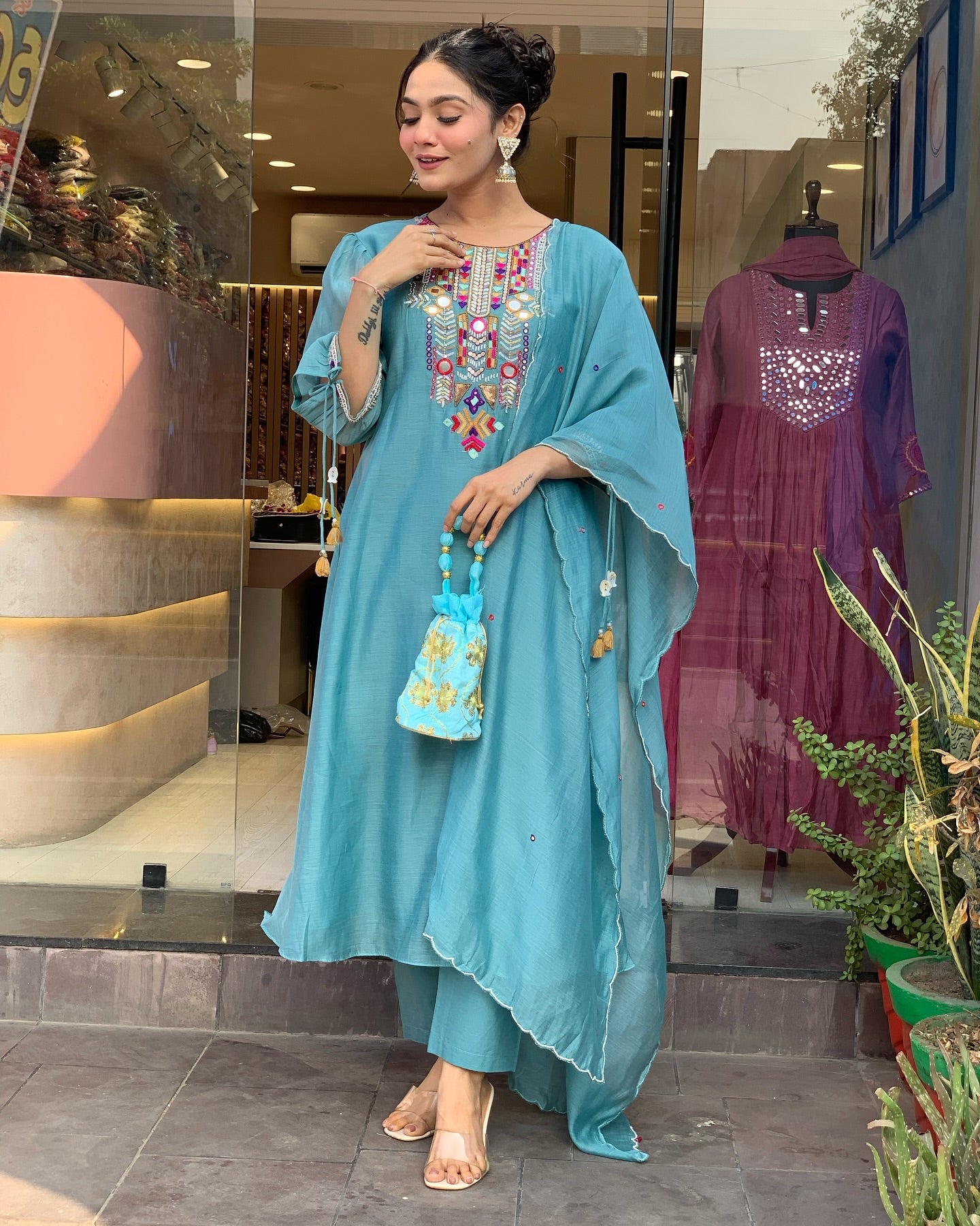 Blue Color Chanderi Silk Designer Kurti Pant Set